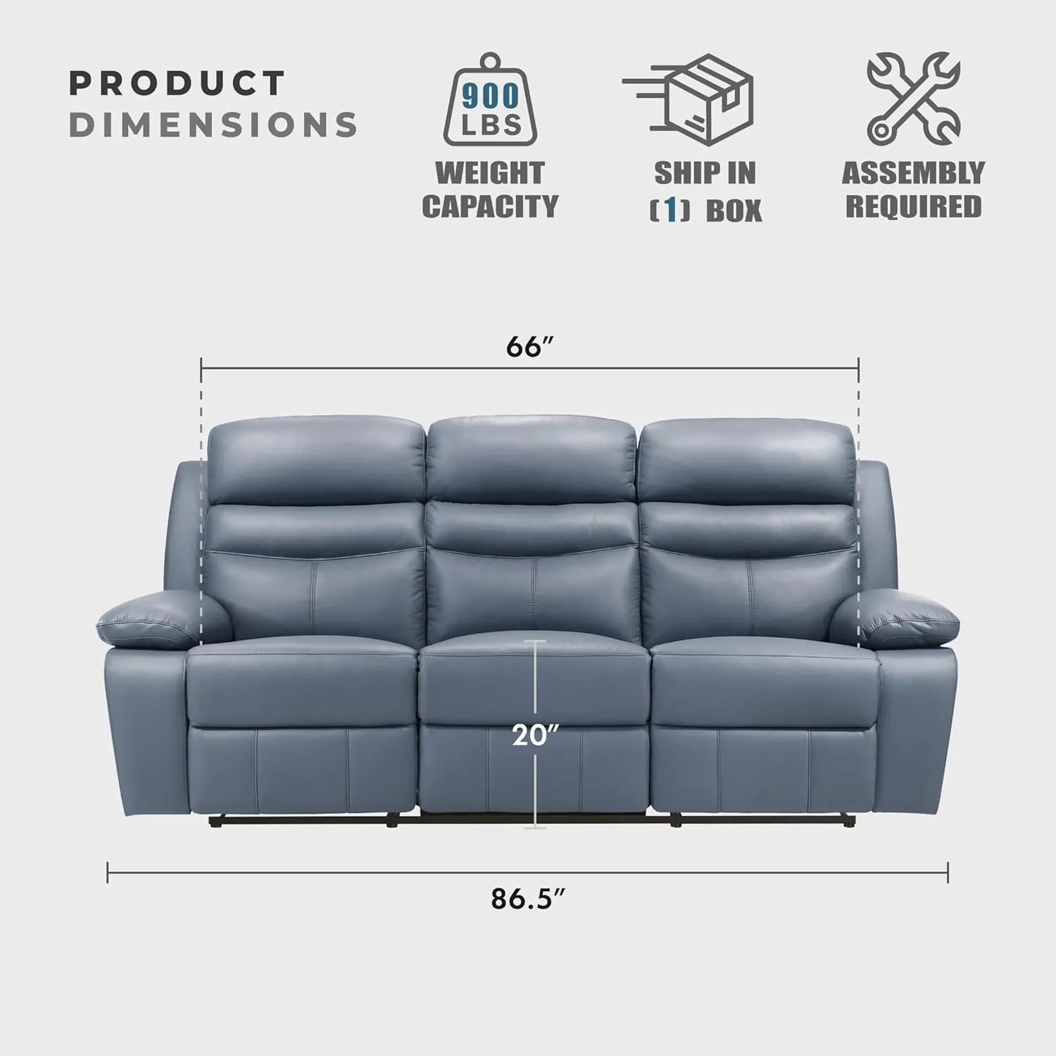 Lexicon 86.5" W Manual Reclining Sofa, Top Grain Leather Match Reclining Sofa, Home Theater Seating, Wall Hugger Recliner Couch, Manual Double Recliner RV Couch for Living Room, Blue