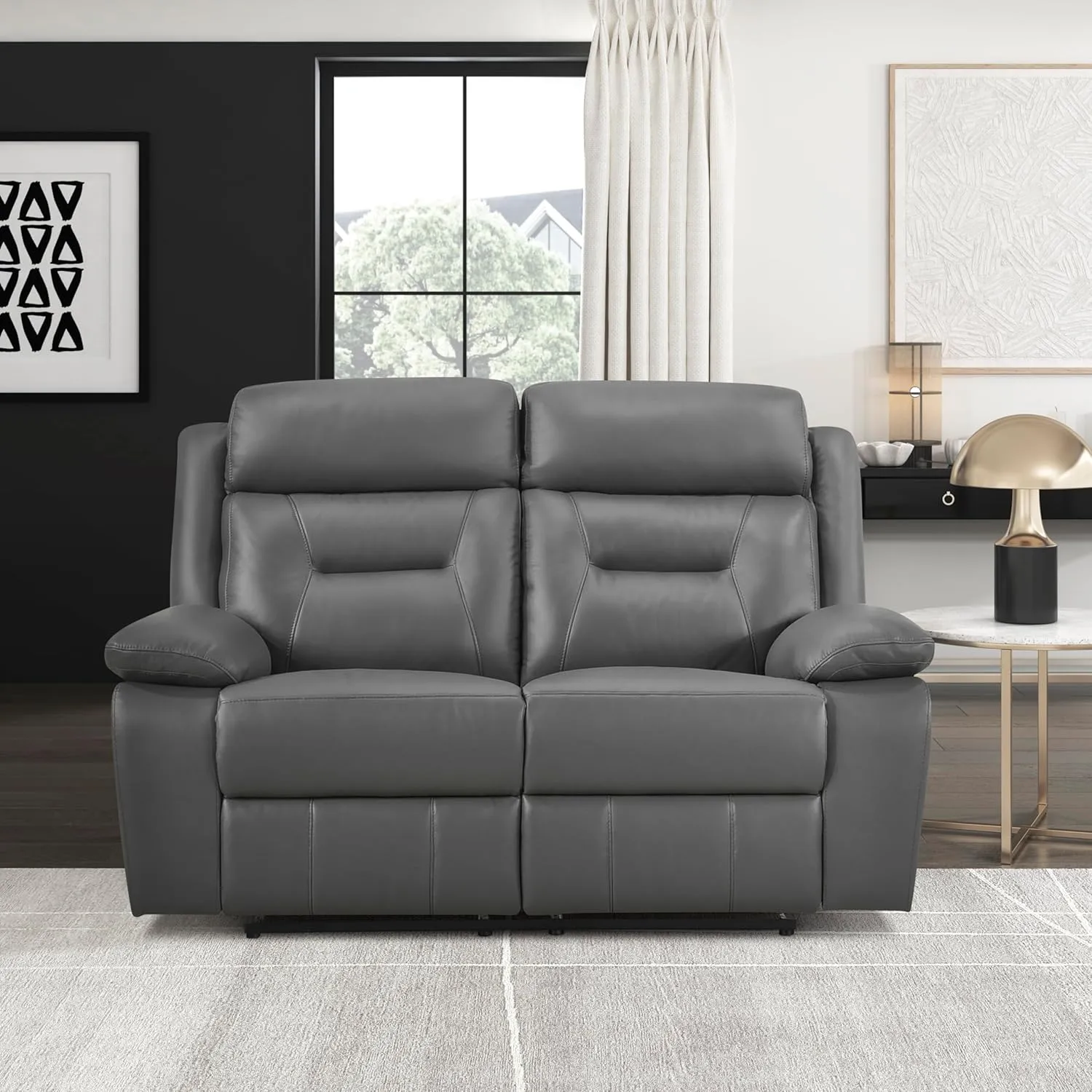 Lexicon Double Recliner Loveseat, Manual Wall Hugger, Leather Reclining Sofa with Pillow Top Armrests, 62.5''W, Dark Grey