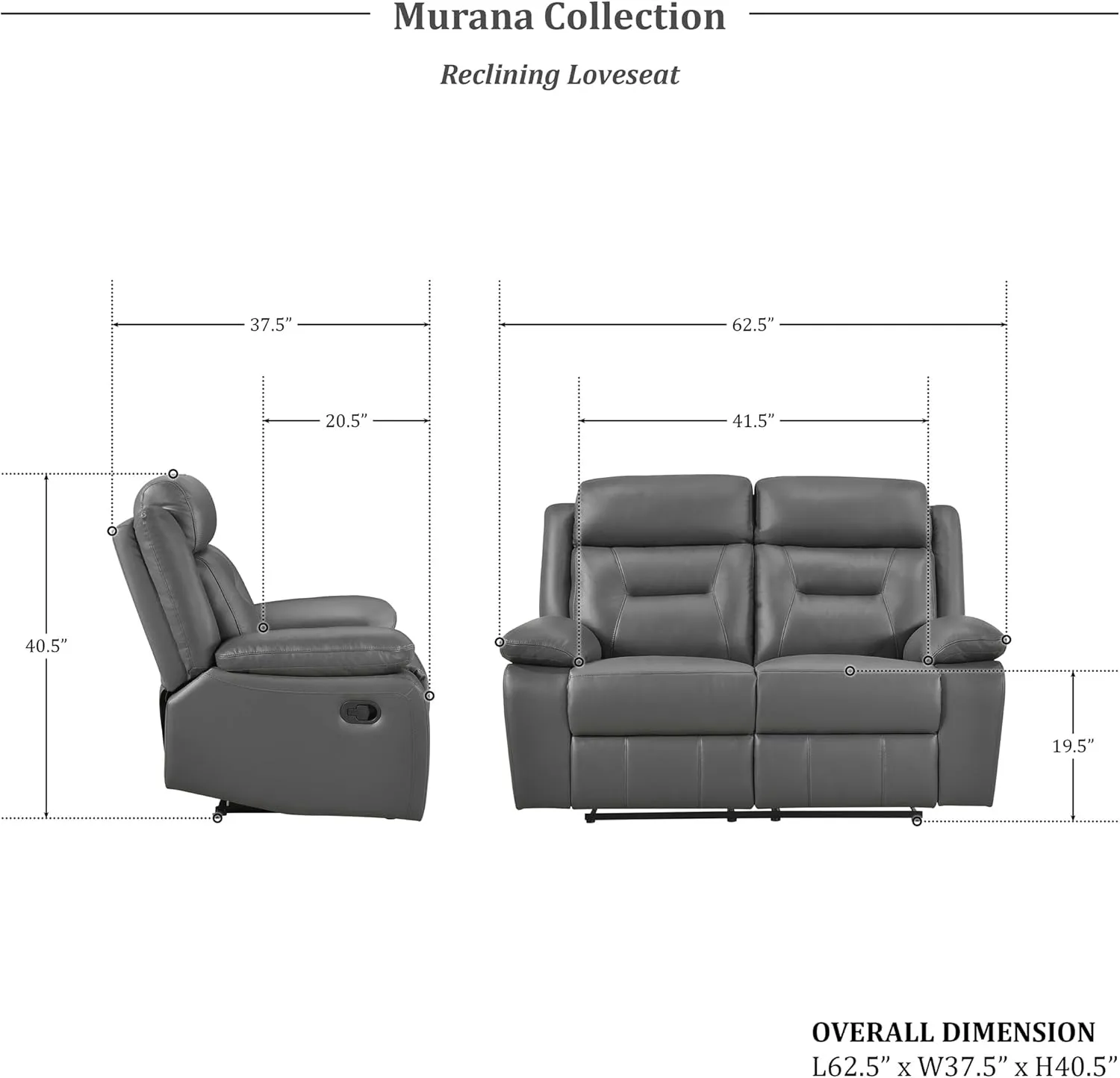 Lexicon Double Recliner Loveseat, Manual Wall Hugger, Leather Reclining Sofa with Pillow Top Armrests, 62.5''W, Dark Grey