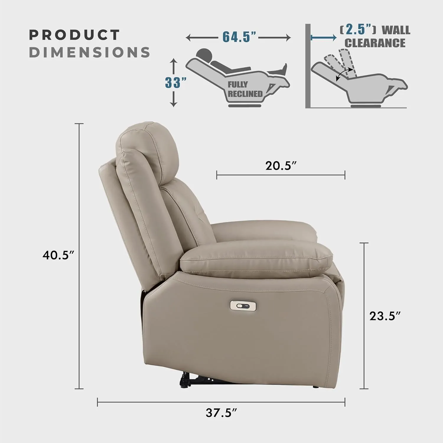 Lexicon Power Double Recliner Sofa, Top Grain Leather Match Reclining Sofa with Pillow Top Armrests, Home Theater Seating, Wall Hugger Recliner Couch with USB Port, 87" W, Latte