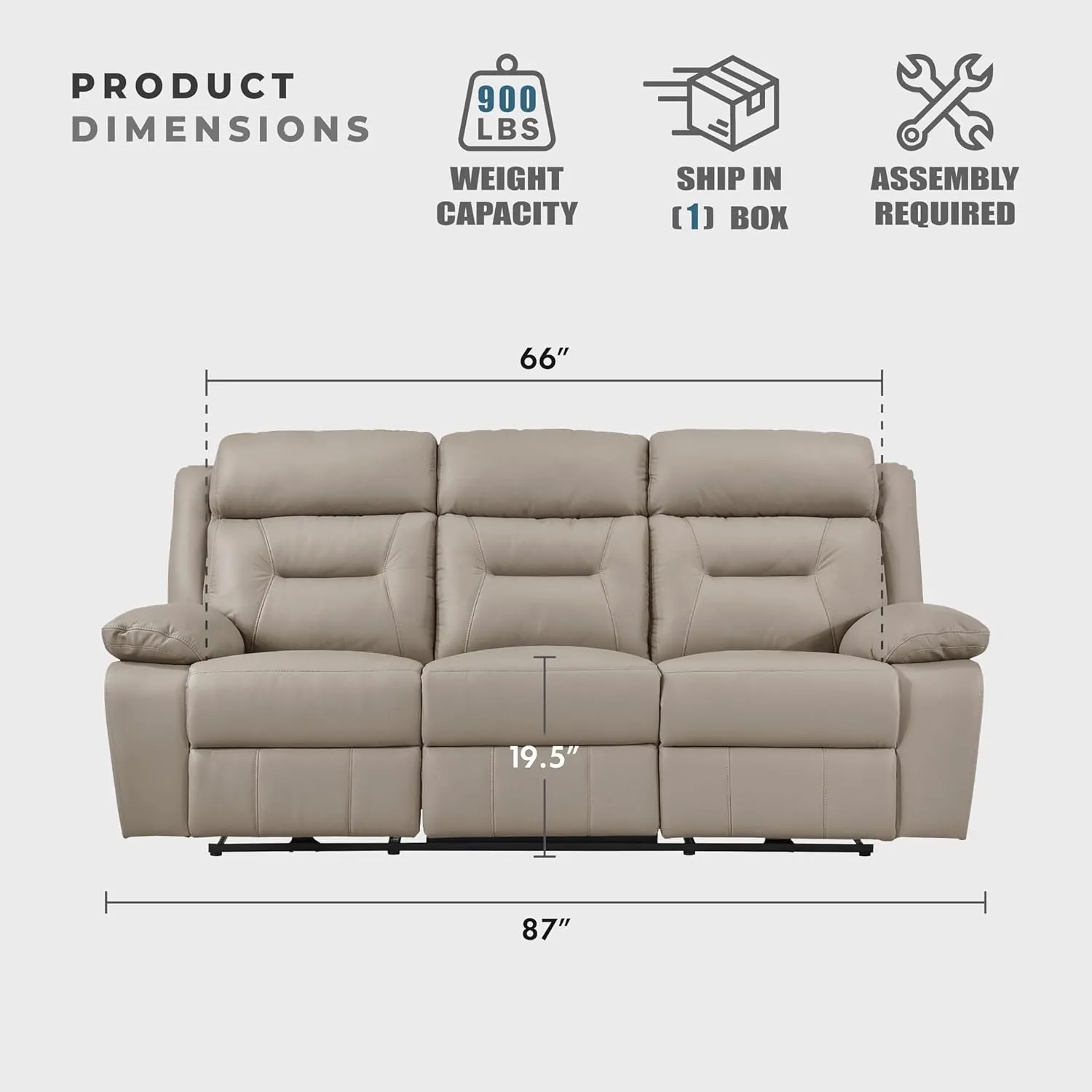 Lexicon Power Double Recliner Sofa, Top Grain Leather Match Reclining Sofa with Pillow Top Armrests, Home Theater Seating, Wall Hugger Recliner Couch with USB Port, 87" W, Latte