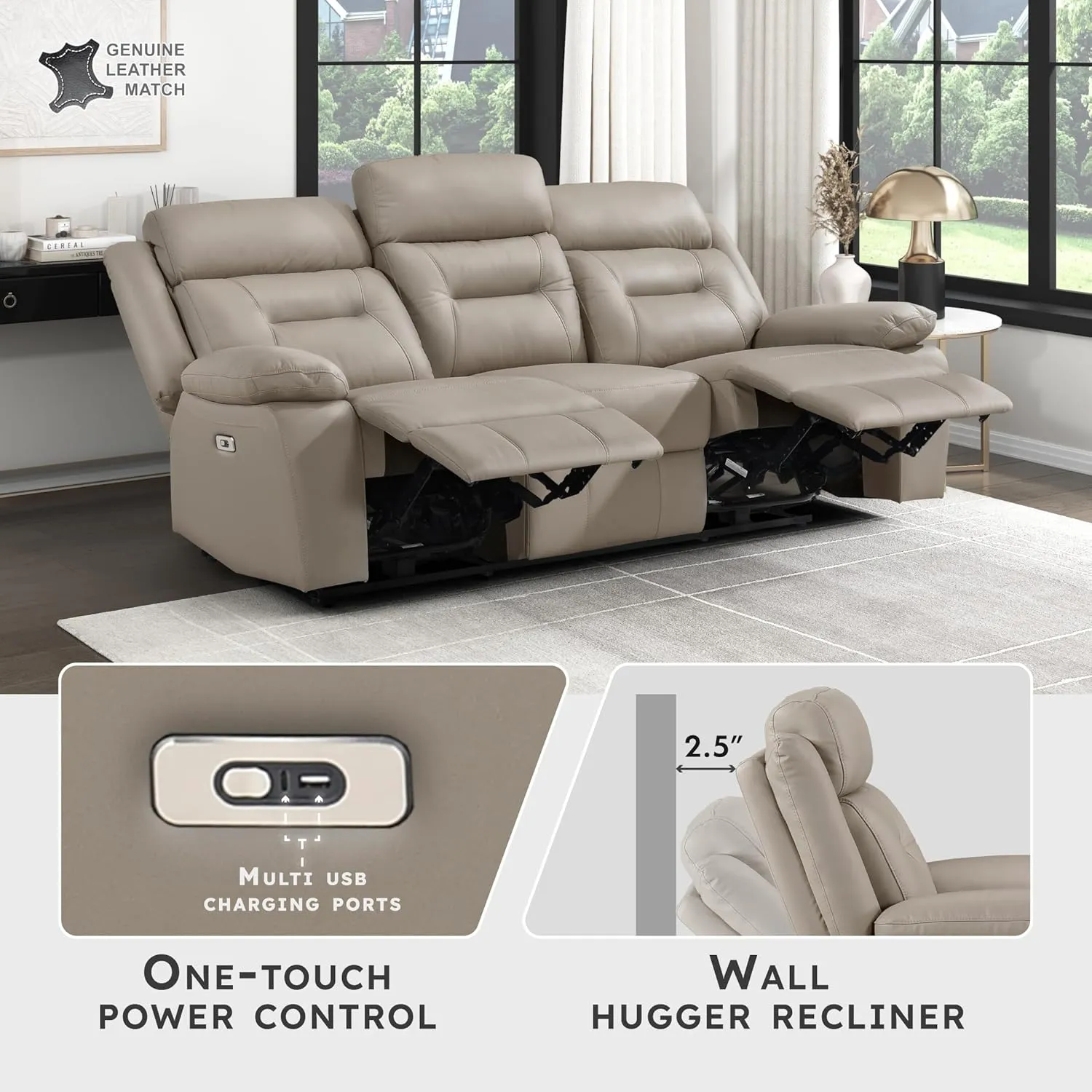 Lexicon Power Double Recliner Sofa, Top Grain Leather Match Reclining Sofa with Pillow Top Armrests, Home Theater Seating, Wall Hugger Recliner Couch with USB Port, 87" W, Latte