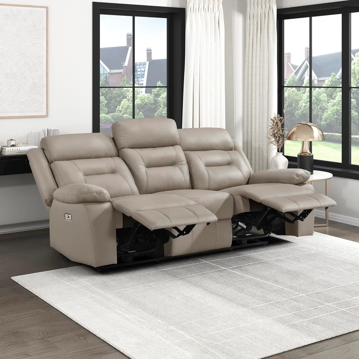 Lexicon Power Double Recliner Sofa, Top Grain Leather Match Reclining Sofa with Pillow Top Armrests, Home Theater Seating, Wall Hugger Recliner Couch with USB Port, 87" W, Latte
