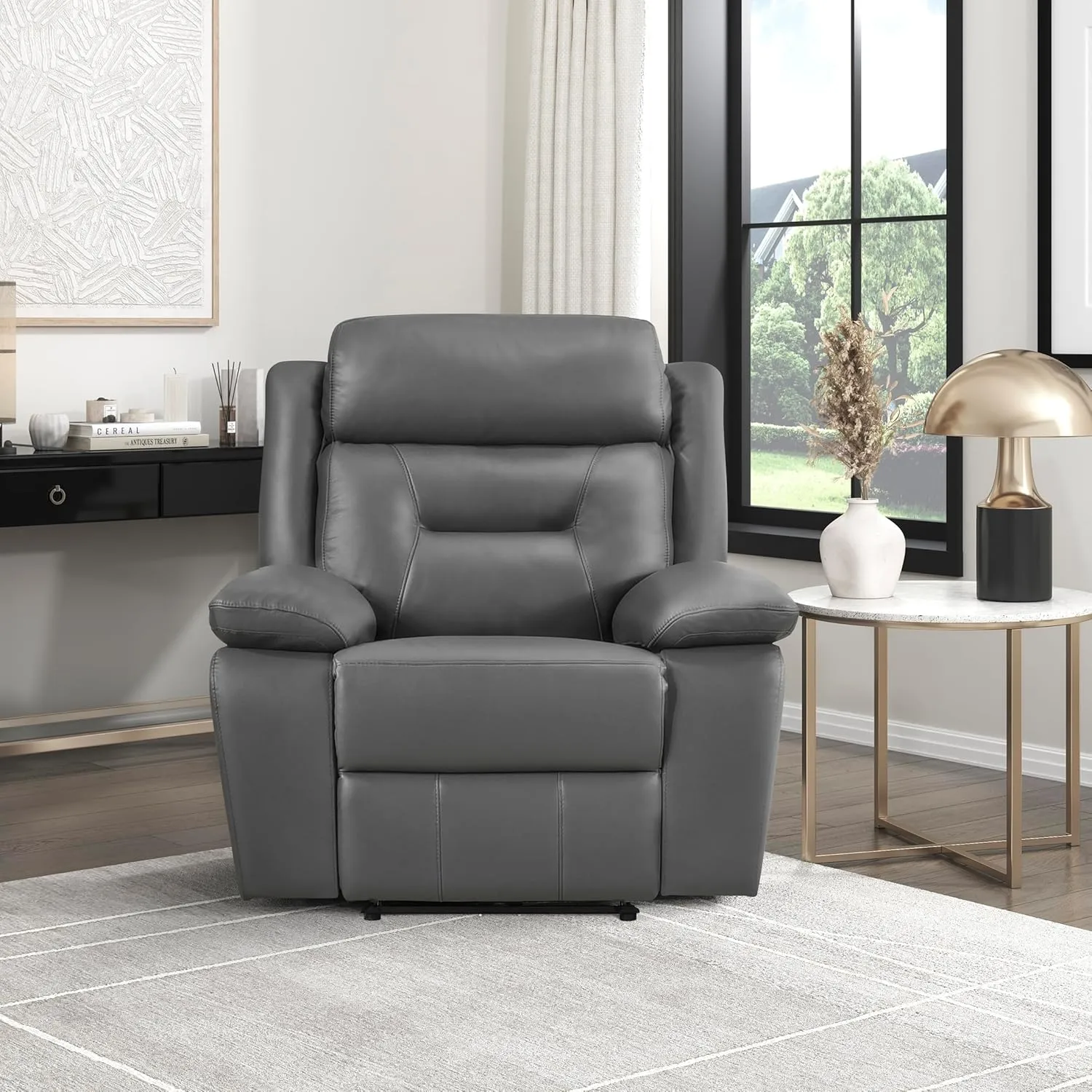 Lexicon Power Recliner Chair for Living Room, Top Grain Leather Match Recliner with Pillow Top Armrests, Home Theater Seating, Wall Hugger Recliners with USB Port, 40" W, Dark Gray
