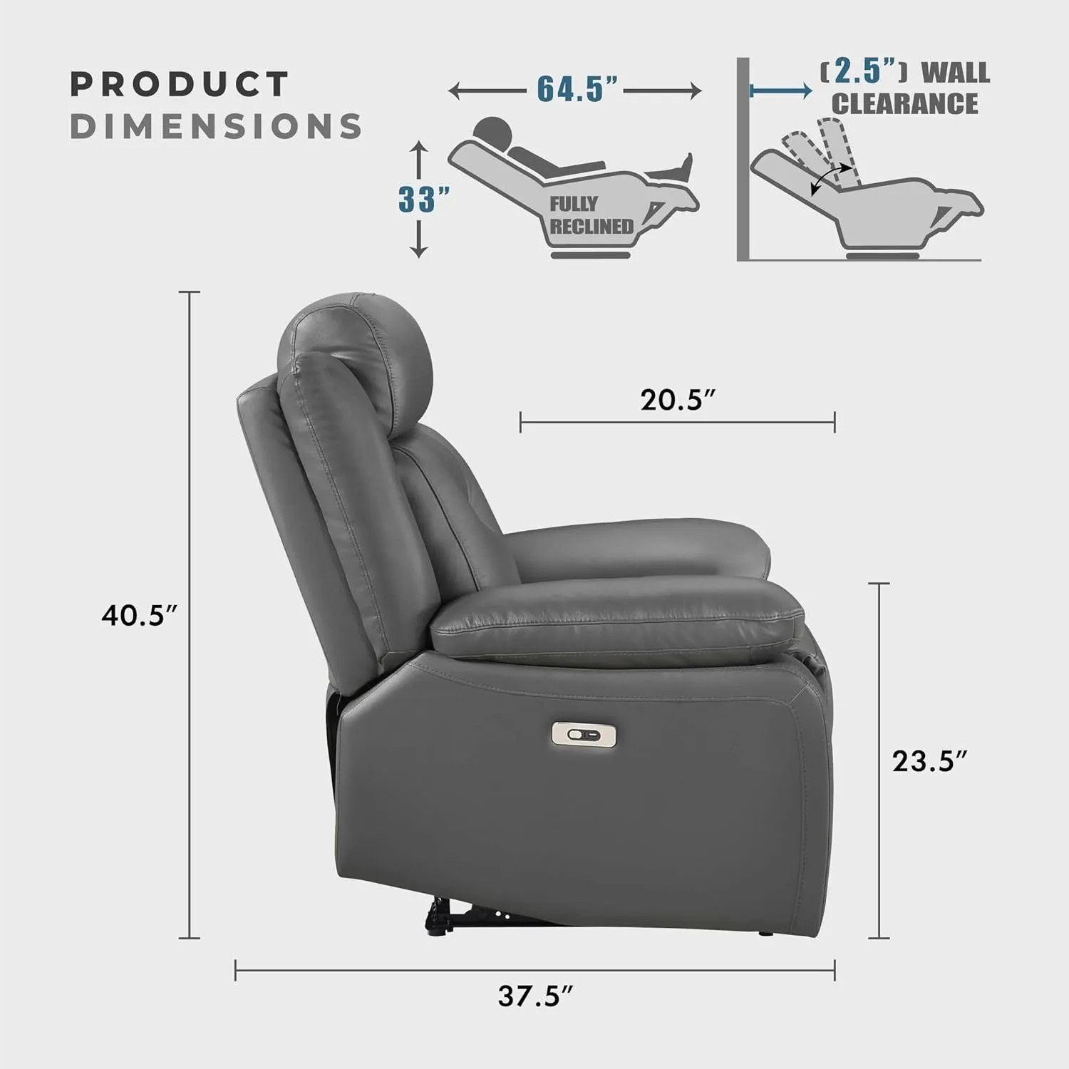 Lexicon Power Recliner Chair for Living Room, Top Grain Leather Match Recliner with Pillow Top Armrests, Home Theater Seating, Wall Hugger Recliners with USB Port, 40" W, Dark Gray