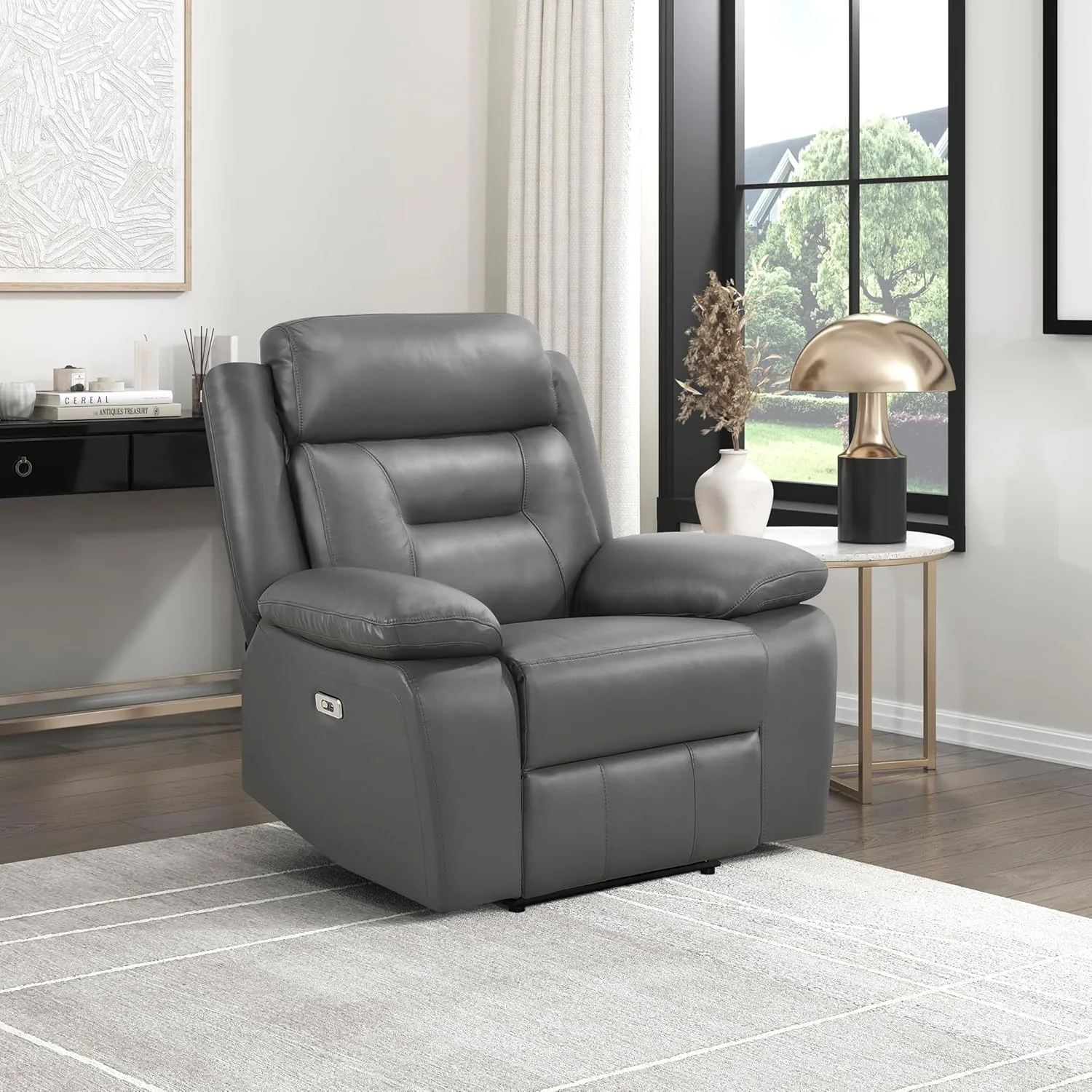 Lexicon Power Recliner Chair for Living Room, Top Grain Leather Match Recliner with Pillow Top Armrests, Home Theater Seating, Wall Hugger Recliners with USB Port, 40" W, Dark Gray