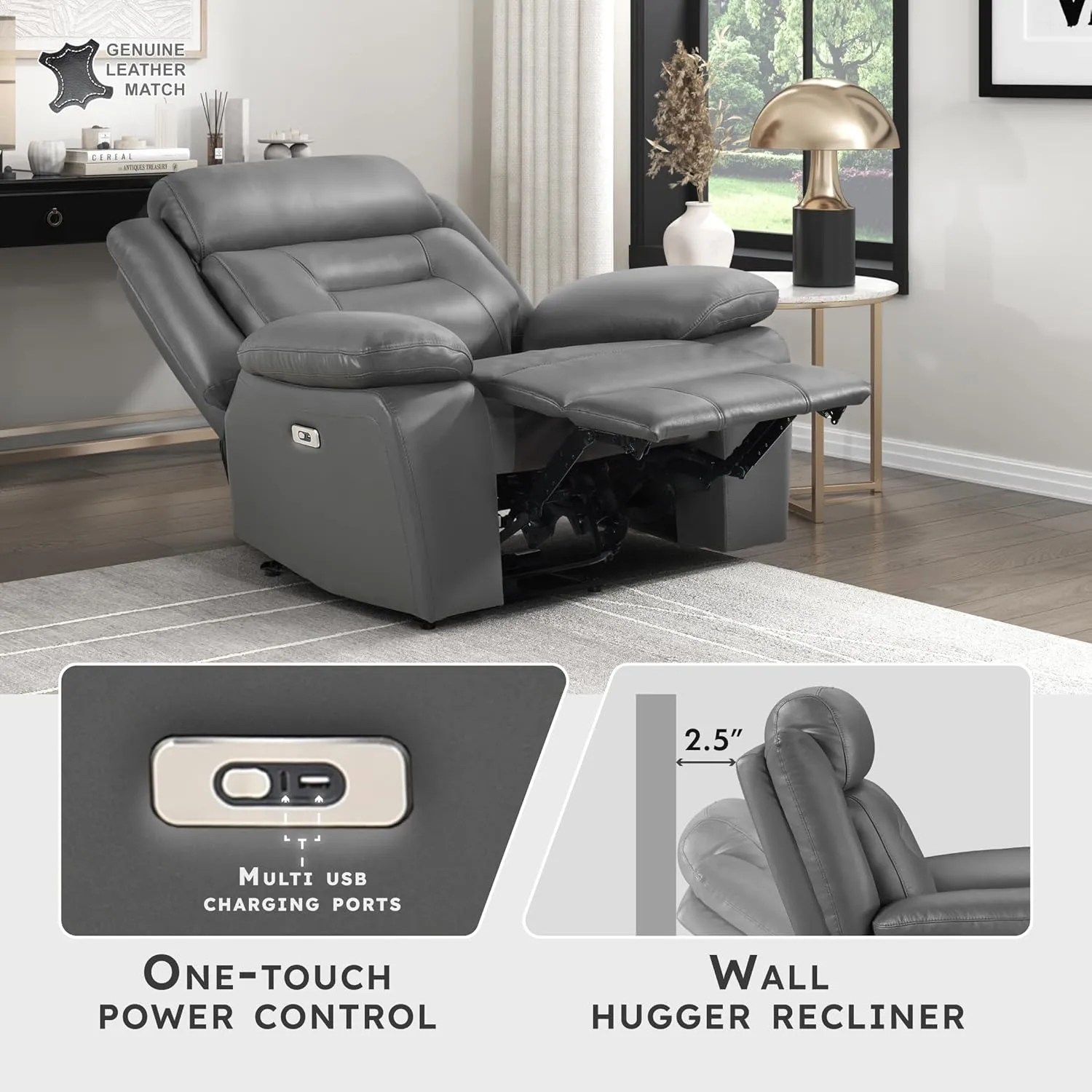 Lexicon Power Recliner Chair for Living Room, Top Grain Leather Match Recliner with Pillow Top Armrests, Home Theater Seating, Wall Hugger Recliners with USB Port, 40" W, Dark Gray