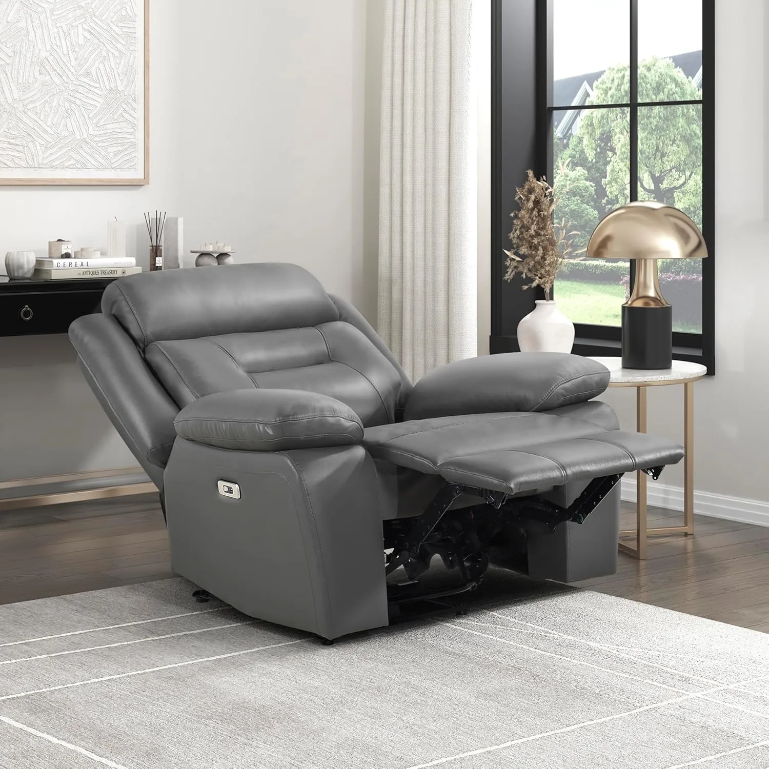 Lexicon Power Recliner Chair for Living Room, Top Grain Leather Match Recliner with Pillow Top Armrests, Home Theater Seating, Wall Hugger Recliners with USB Port, 40" W, Dark Gray