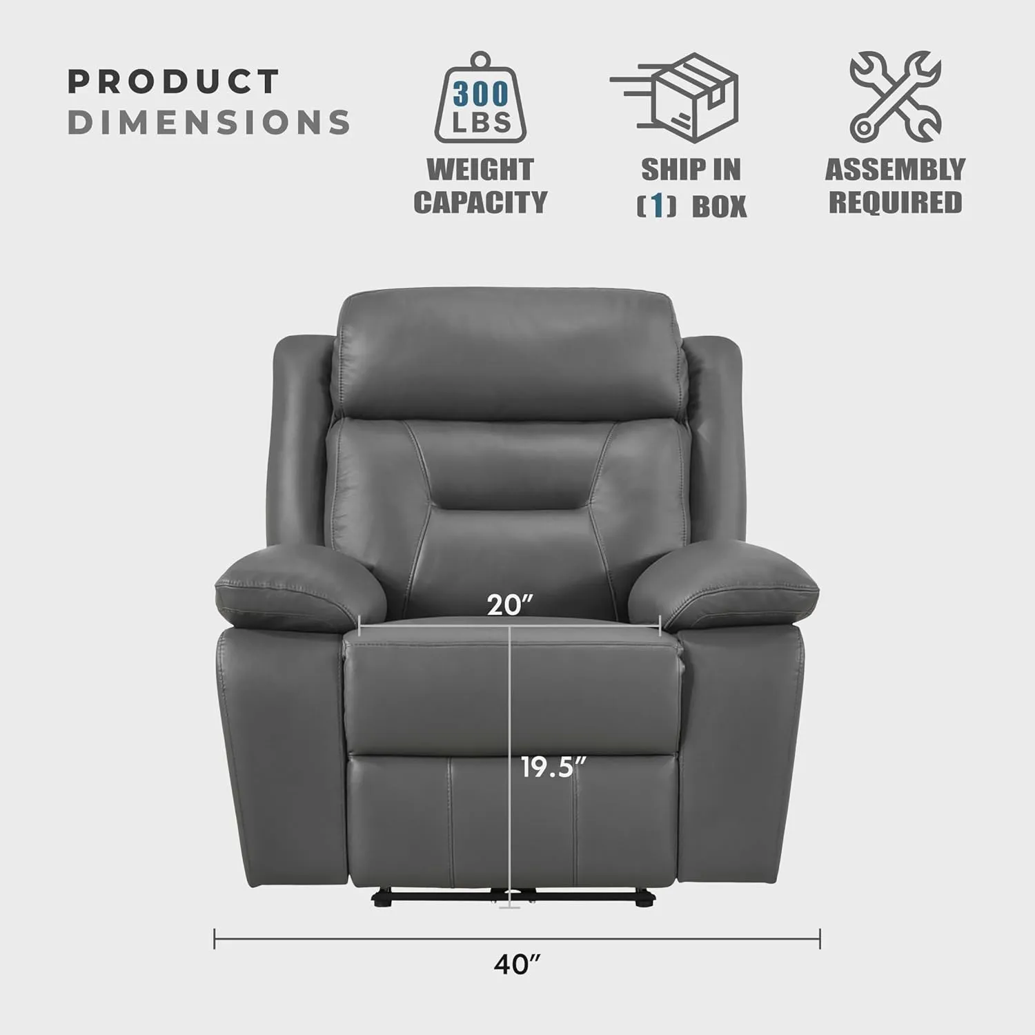 Lexicon Power Recliner Chair for Living Room, Top Grain Leather Match Recliner with Pillow Top Armrests, Home Theater Seating, Wall Hugger Recliners with USB Port, 40" W, Dark Gray