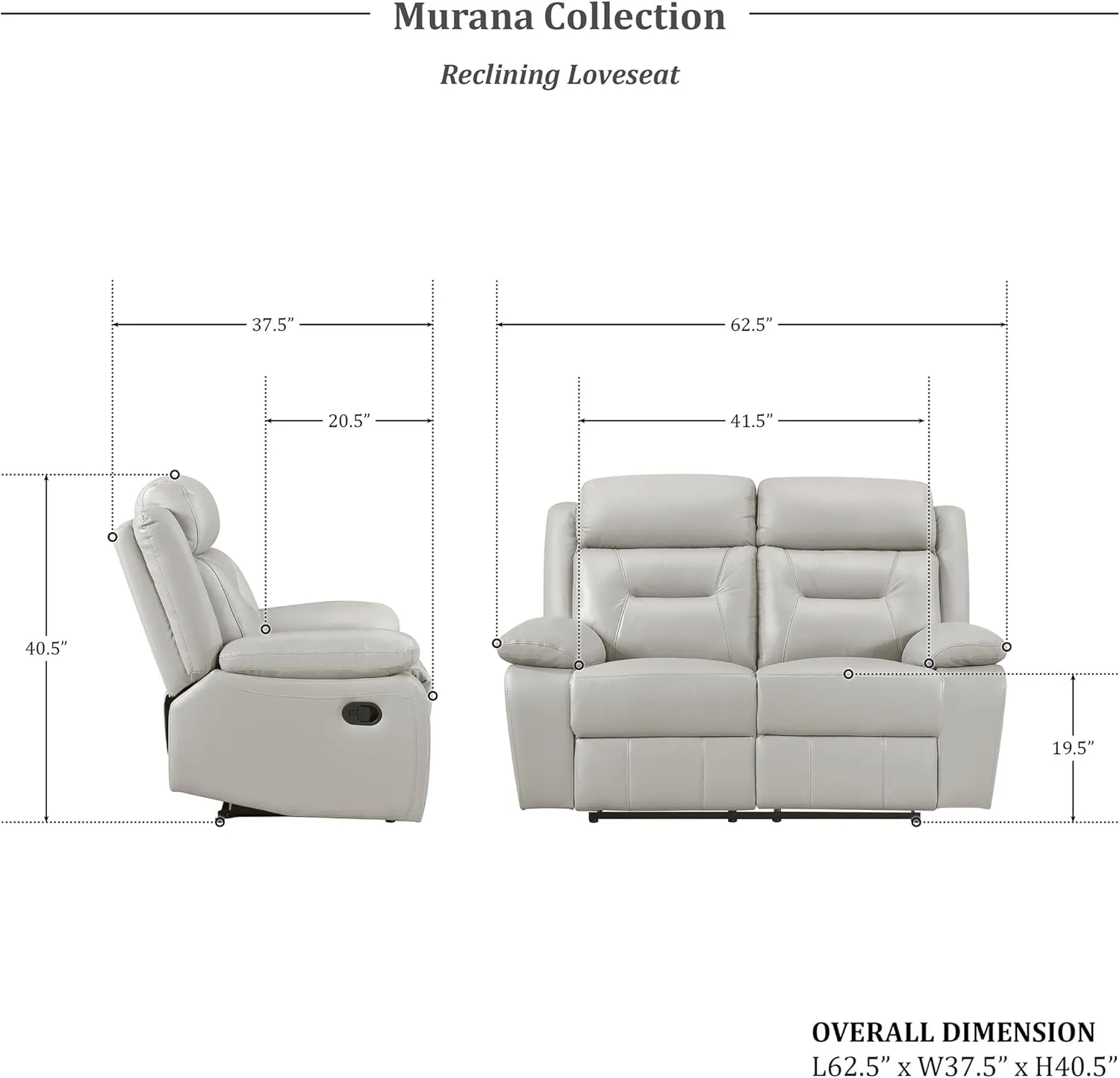Lexicon Recliner Sofa for Living Room, Double RV Couch, Manual Wall Hugger, Home Theater Seating Leather With Pillow Top Armrests, 62.5''W Loveseat, Light Grey
