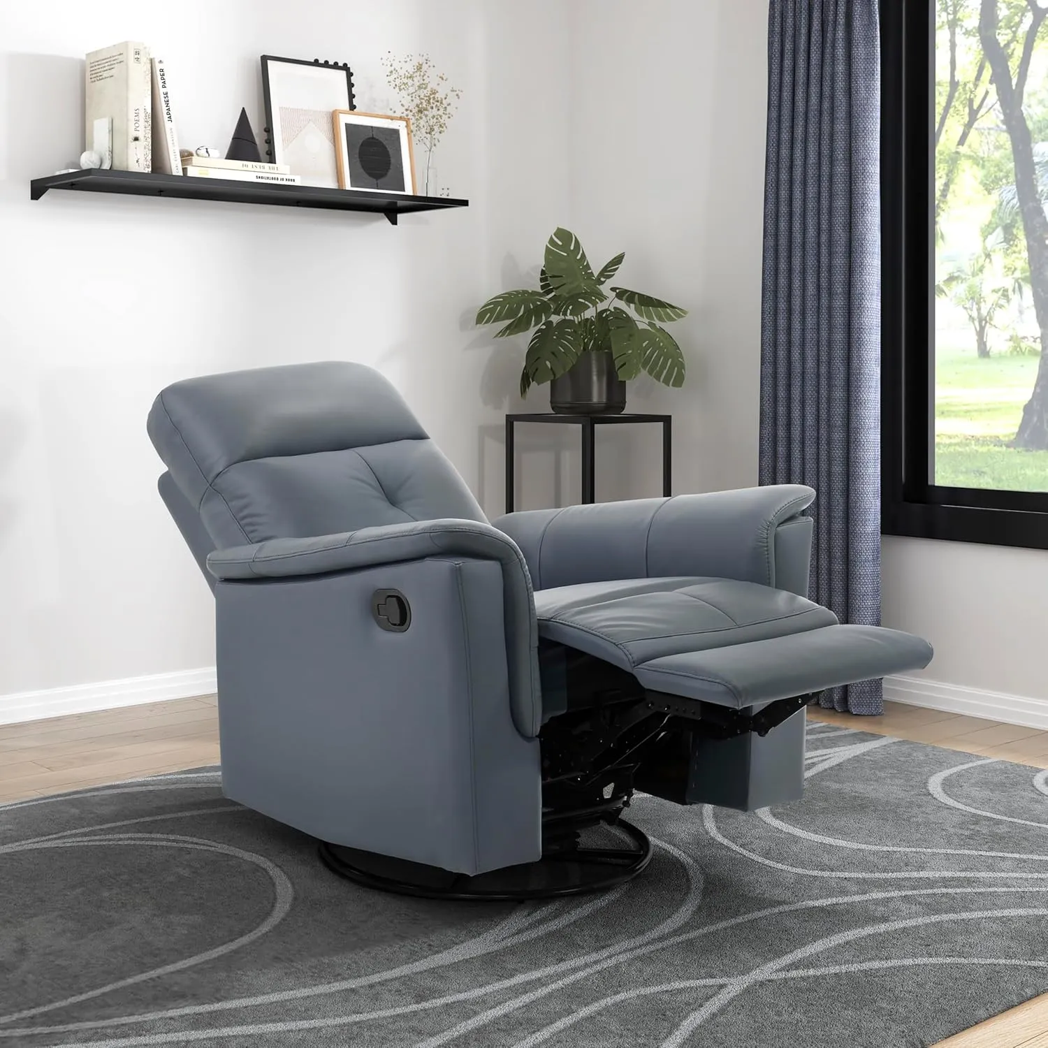 Lexicon Swivel Glider Recliner Chair, Comfy Nursery Glider, Top Grain Leather Match Recliner, Manual Reclining Chair for Living Room/Office/Apartment, Blue Gray
