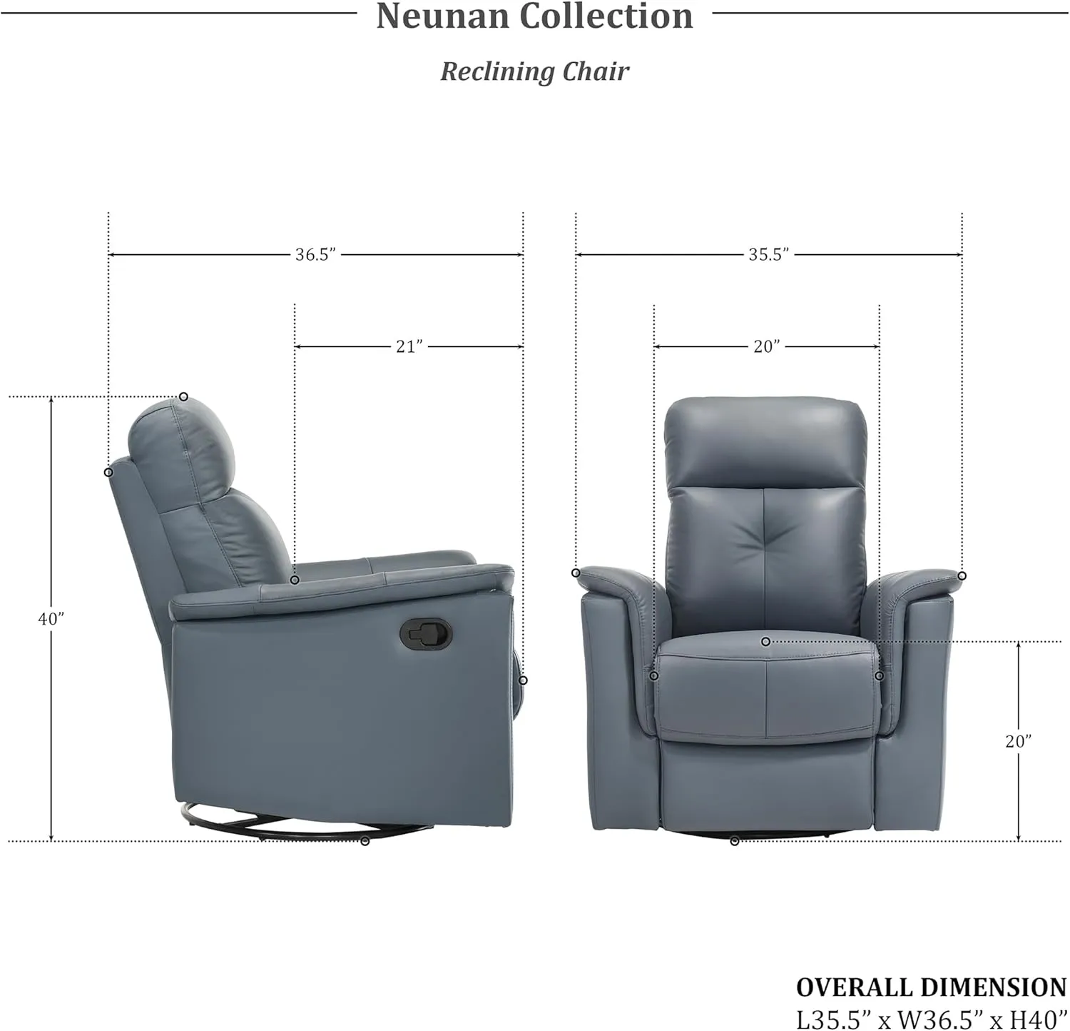 Lexicon Swivel Glider Recliner Chair, Comfy Nursery Glider, Top Grain Leather Match Recliner, Manual Reclining Chair for Living Room/Office/Apartment, Blue Gray
