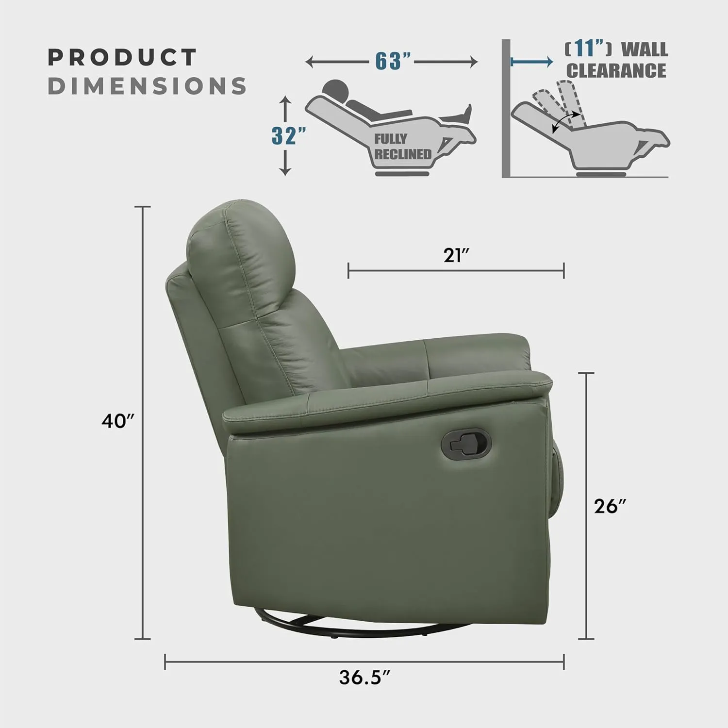 Lexicon Swivel Glider Recliner Chair, Comfy Nursery Glider, Top Grain Leather Match Recliner, Manual Reclining Chair for Living Room/Office/Apartment, Green
