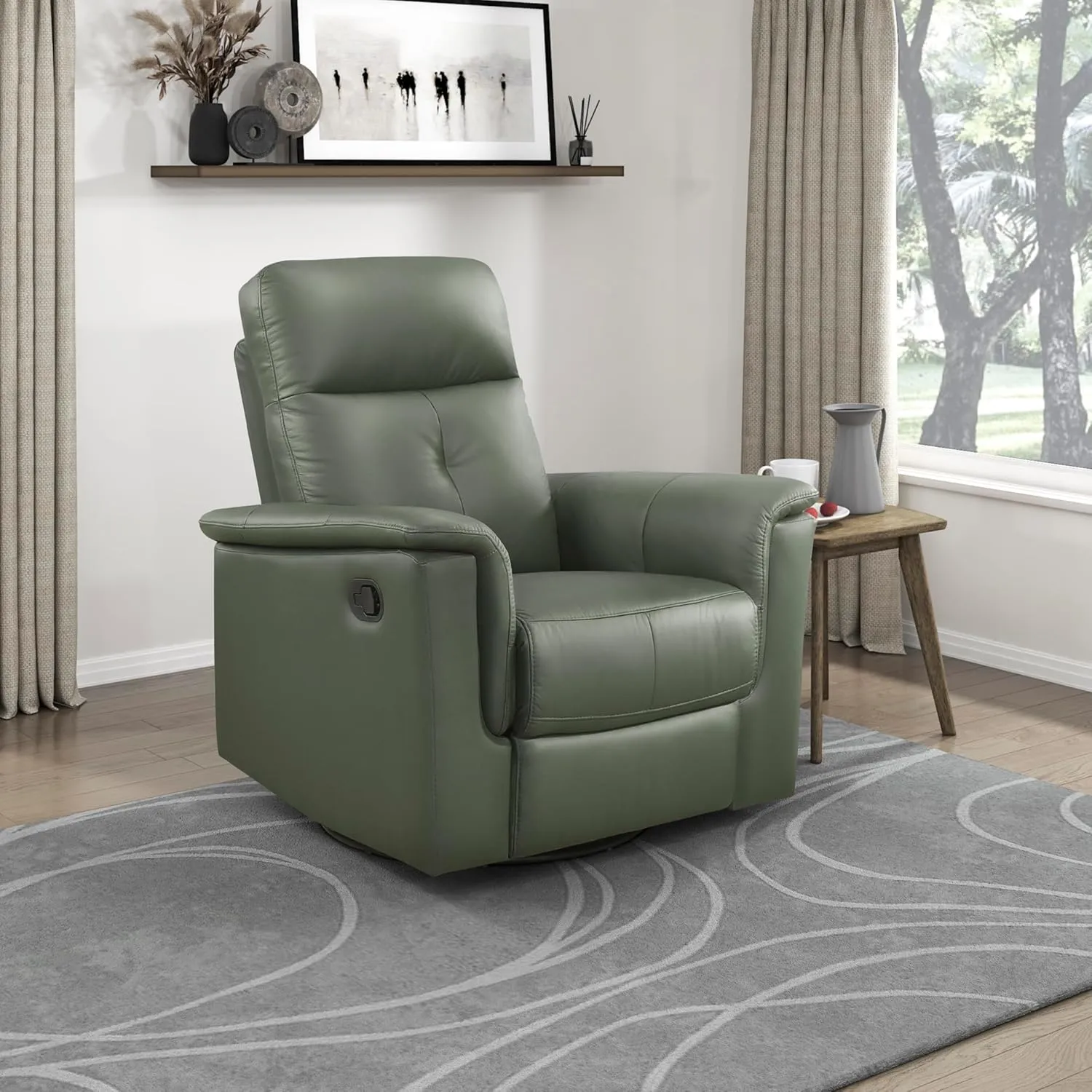 Lexicon Swivel Glider Recliner Chair, Comfy Nursery Glider, Top Grain Leather Match Recliner, Manual Reclining Chair for Living Room/Office/Apartment, Green