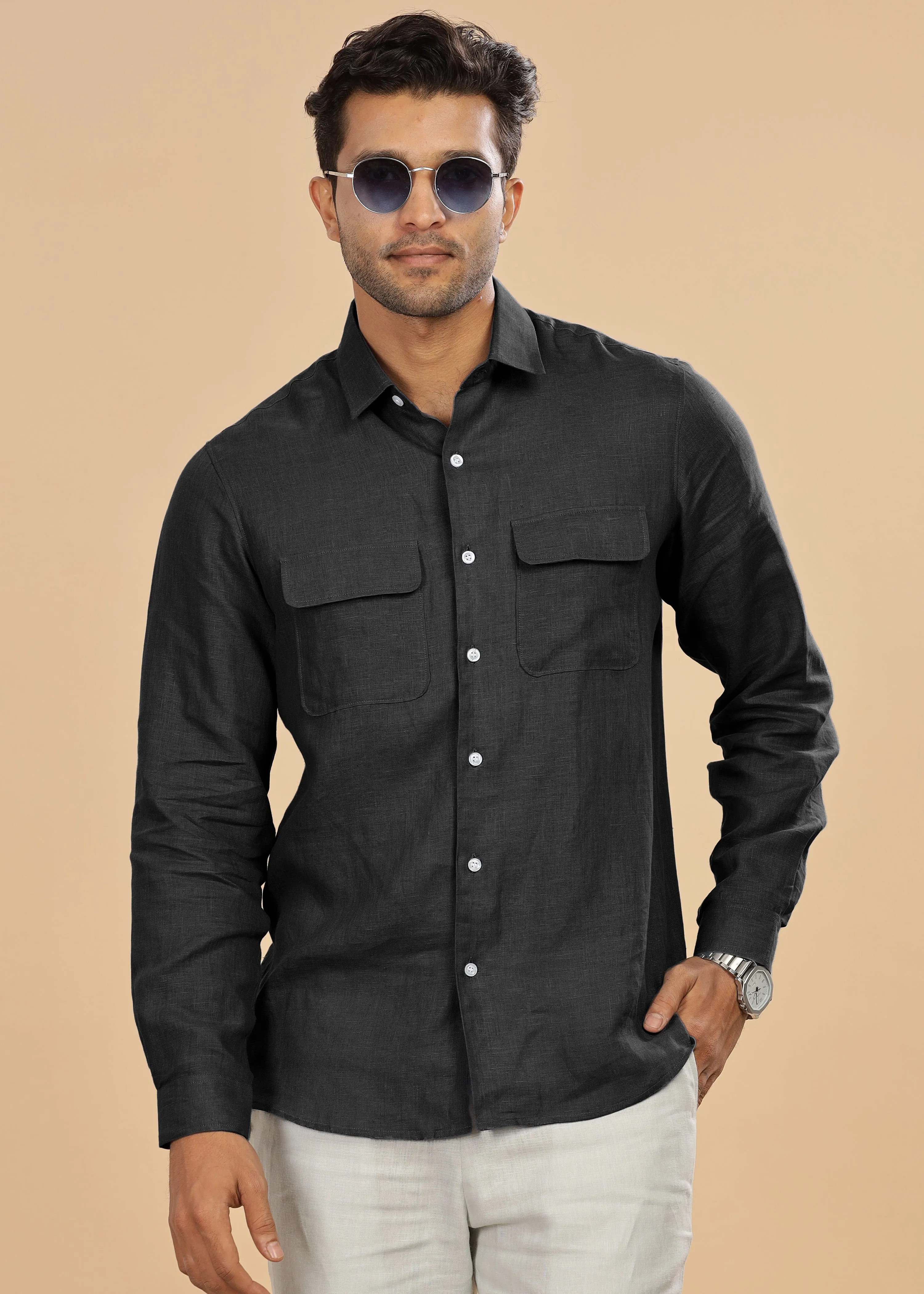 Liam - Pure Linen Double Pocket Classy Full Sleeve Shirt - Black