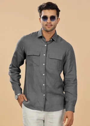 Liam - Pure Linen Double Pocket Classy Full Sleeve Shirt - Charcoal Grey