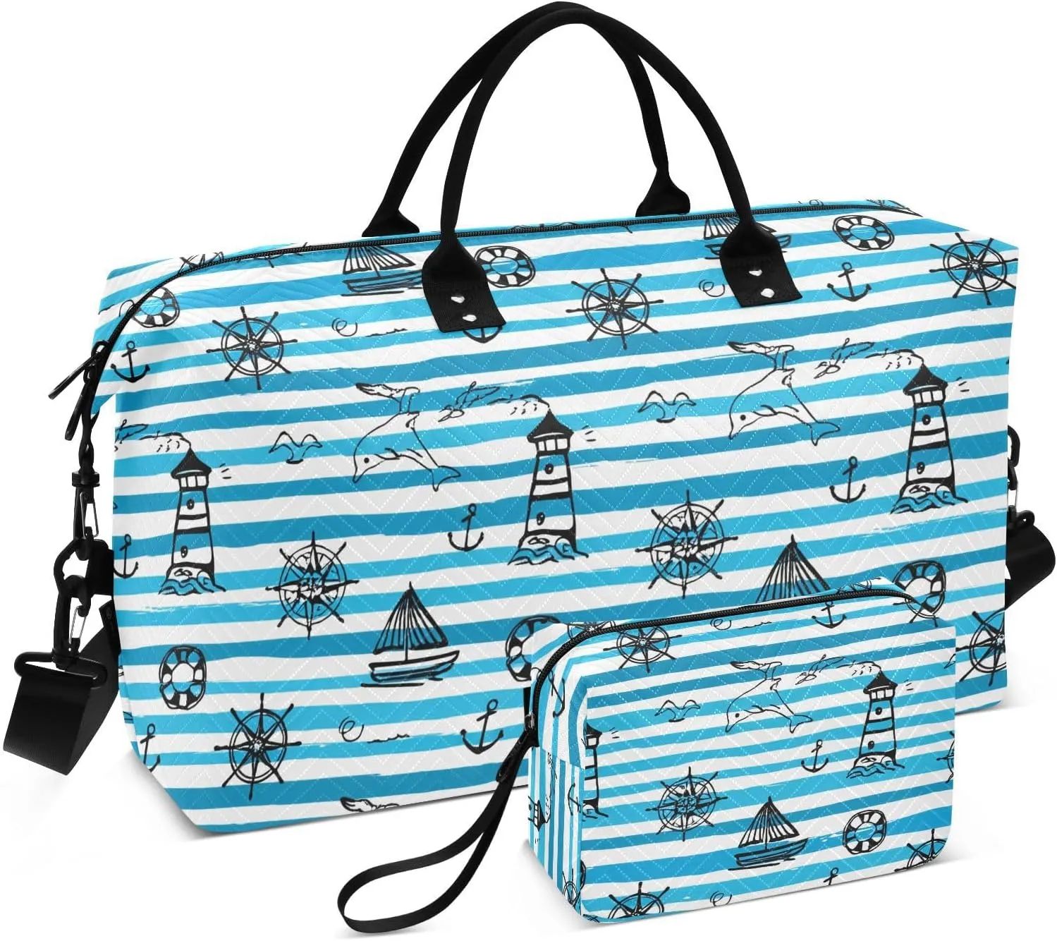 Lighthouse Nautical Blue Sports Gym Bag for Women Men Travel Duffel Bag Weekend Overnight Carry on Bag with Toiletry Bag Training Handbag for Swimming Yoga Workout Hospital Plane