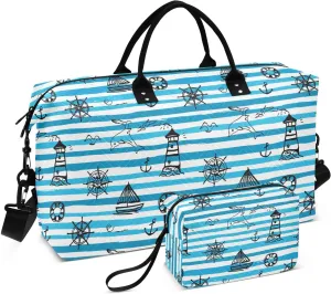 Lighthouse Nautical Blue Sports Gym Bag for Women Men Travel Duffel Bag Weekend Overnight Carry on Bag with Toiletry Bag Training Handbag for Swimming Yoga Workout Hospital Plane