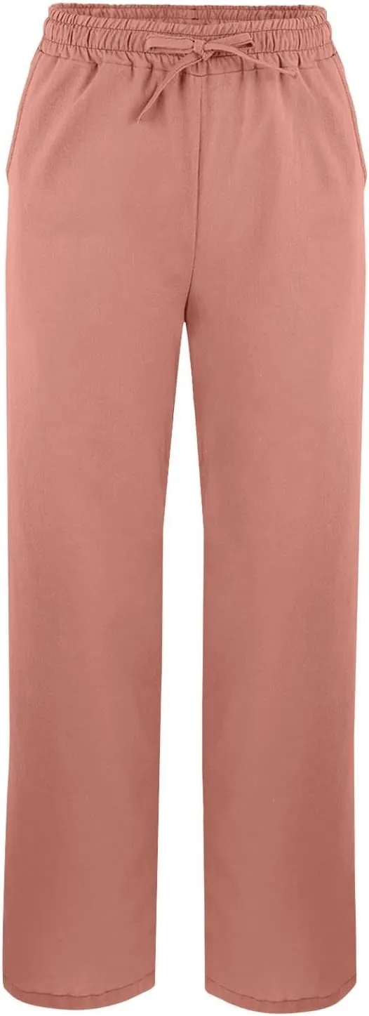 Lightweight Casual Linen Pants for Women Summer Stretchy Drawstring Hem Ankle Trousers Travel Beach Home Casual Pants