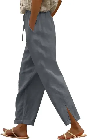Lightweight Casual Linen Pants for Women Summer Stretchy Drawstring Hem Ankle Trousers Travel Beach Home Casual Pants