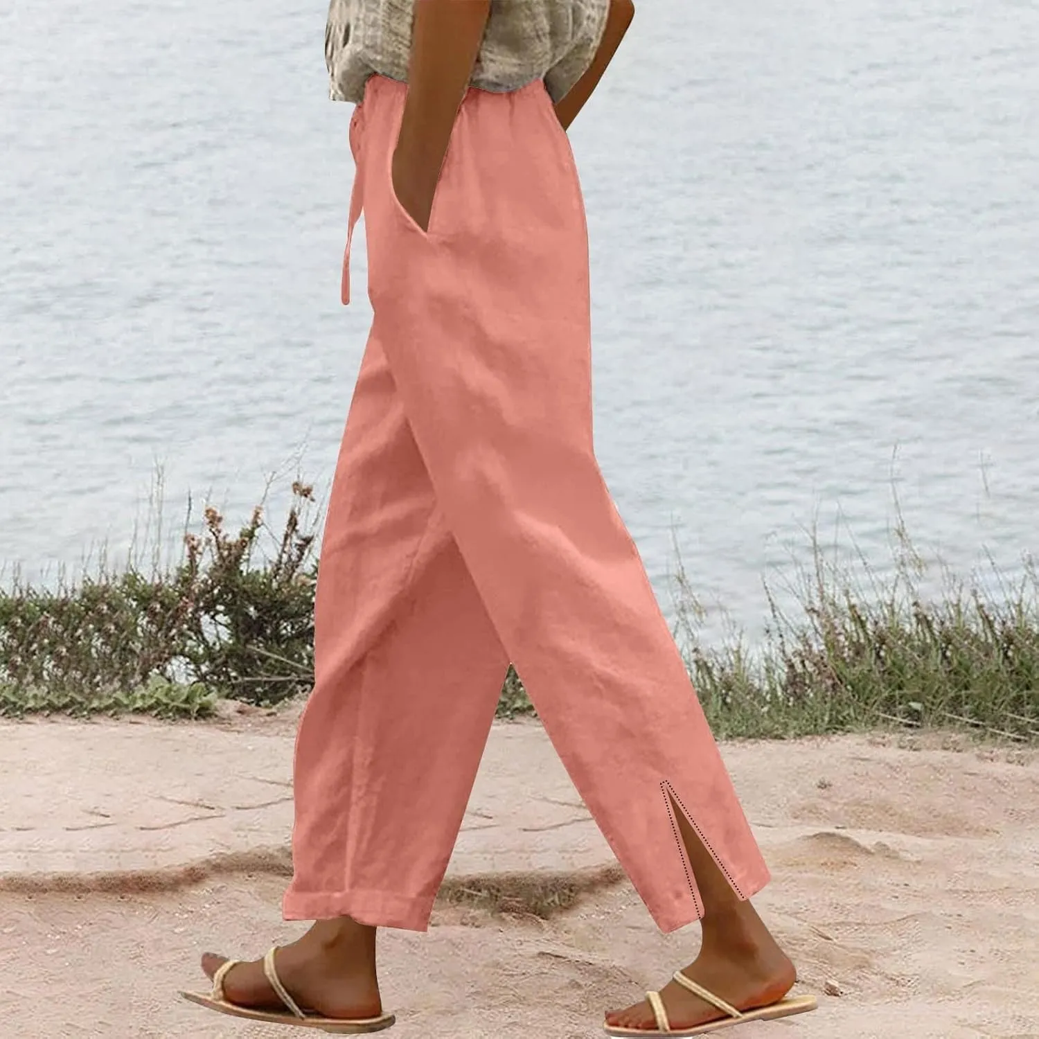 Lightweight Casual Linen Pants for Women Summer Stretchy Drawstring Hem Ankle Trousers Travel Beach Home Casual Pants