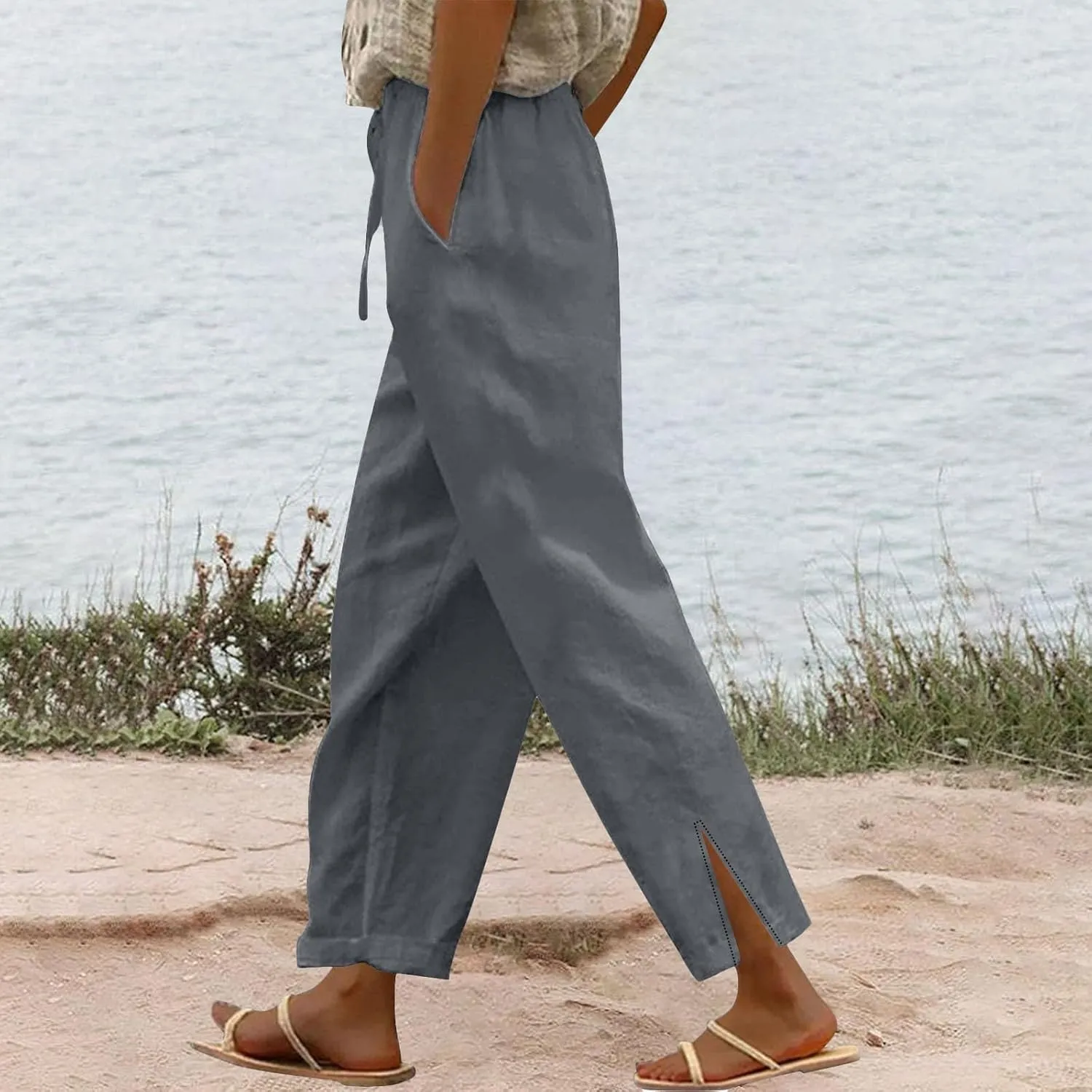 Lightweight Casual Linen Pants for Women Summer Stretchy Drawstring Hem Ankle Trousers Travel Beach Home Casual Pants