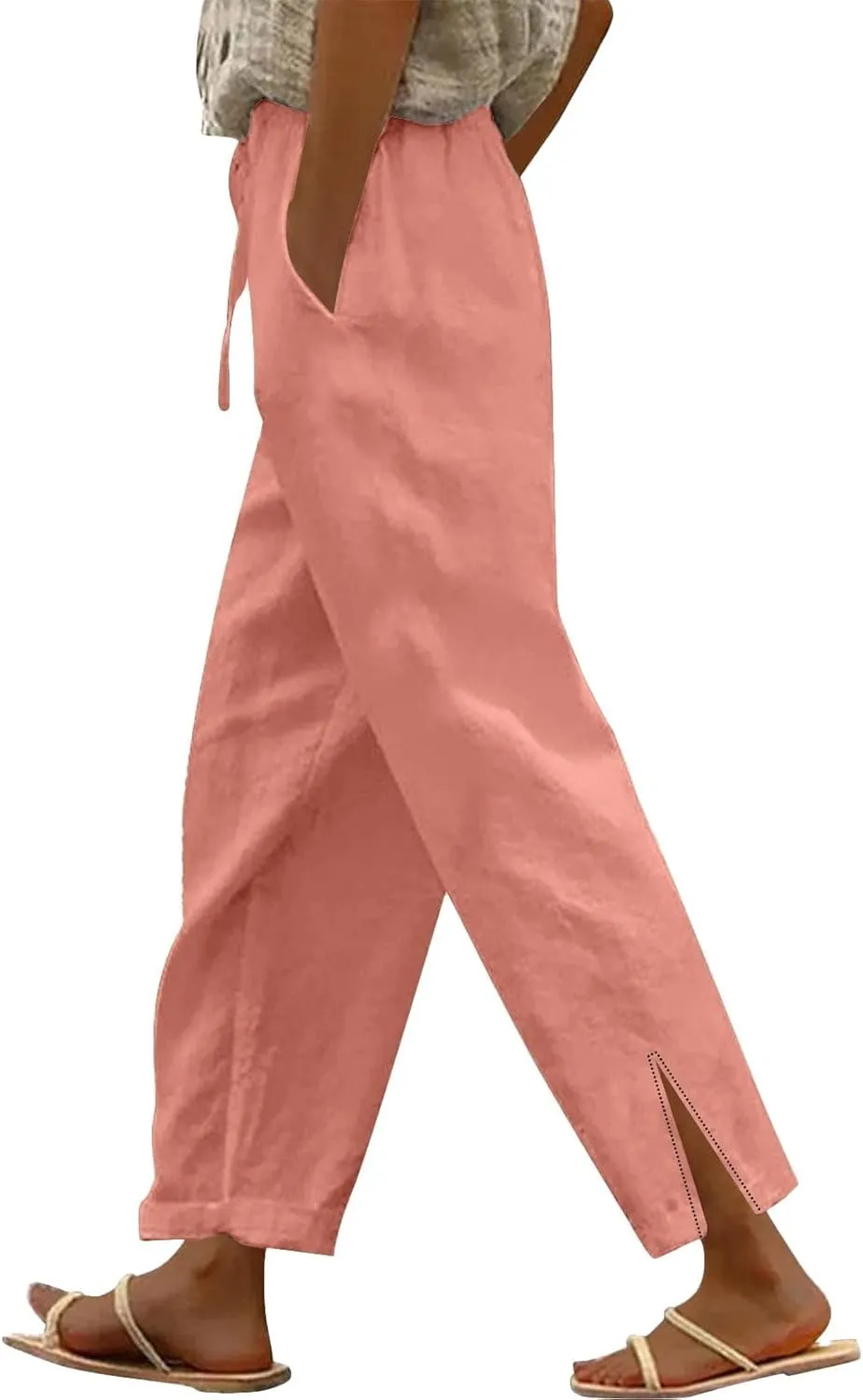 Lightweight Casual Linen Pants for Women Summer Stretchy Drawstring Hem Ankle Trousers Travel Beach Home Casual Pants