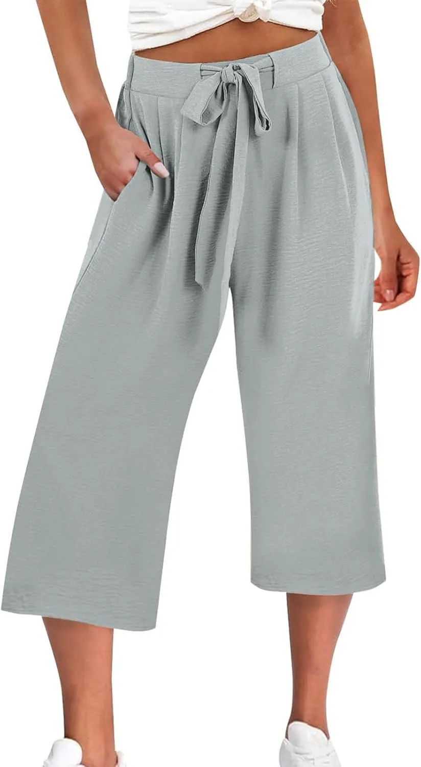 Lightweight Wide Leg Cropped Pants Linen Cropped Wide Leg Elastic Waist Casual Palazzo Trousers with Pockets