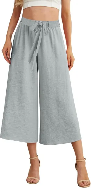 Lightweight Wide Leg Cropped Pants Linen Cropped Wide Leg Elastic Waist Casual Palazzo Trousers with Pockets