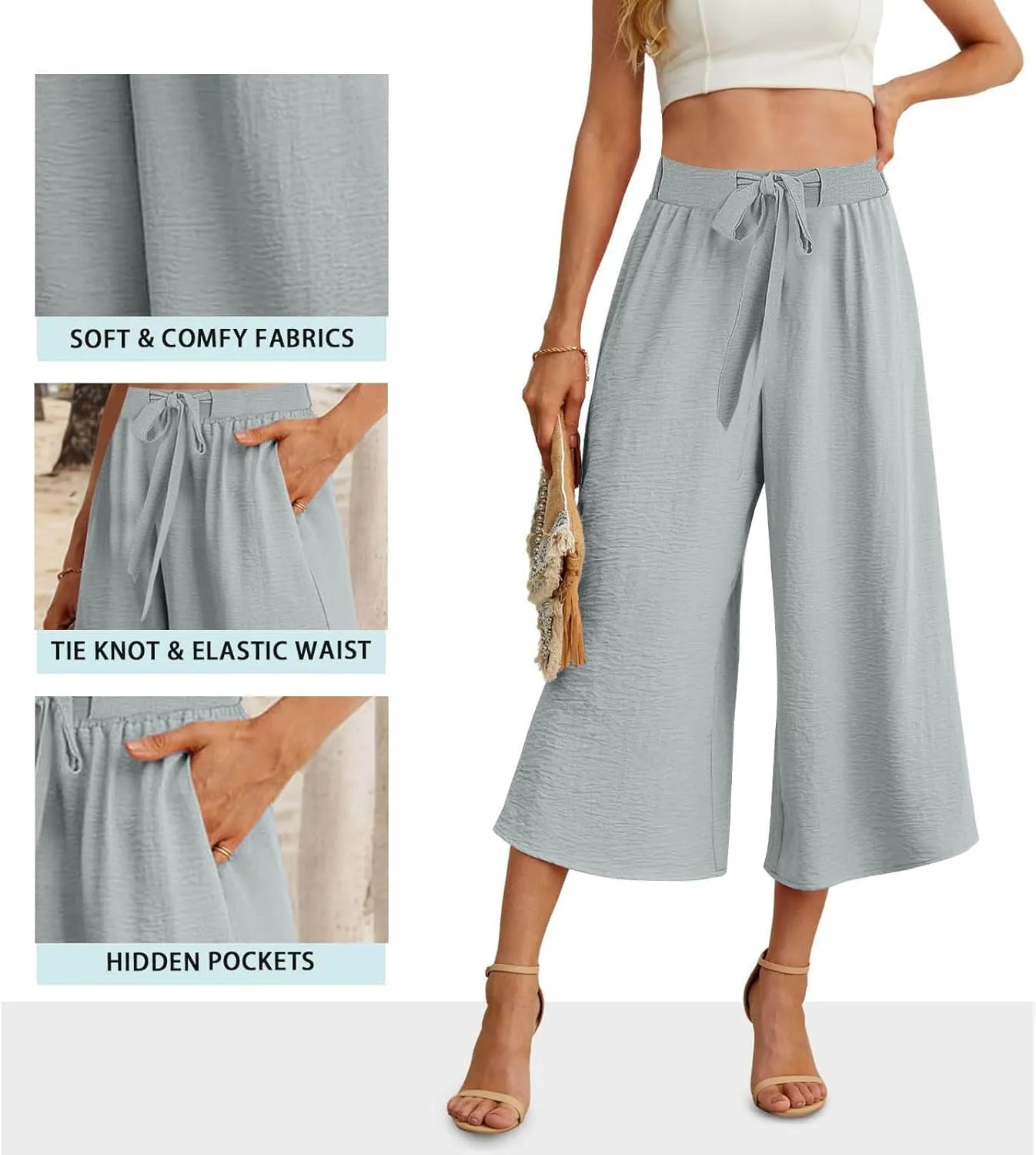 Lightweight Wide Leg Cropped Pants Linen Cropped Wide Leg Elastic Waist Casual Palazzo Trousers with Pockets