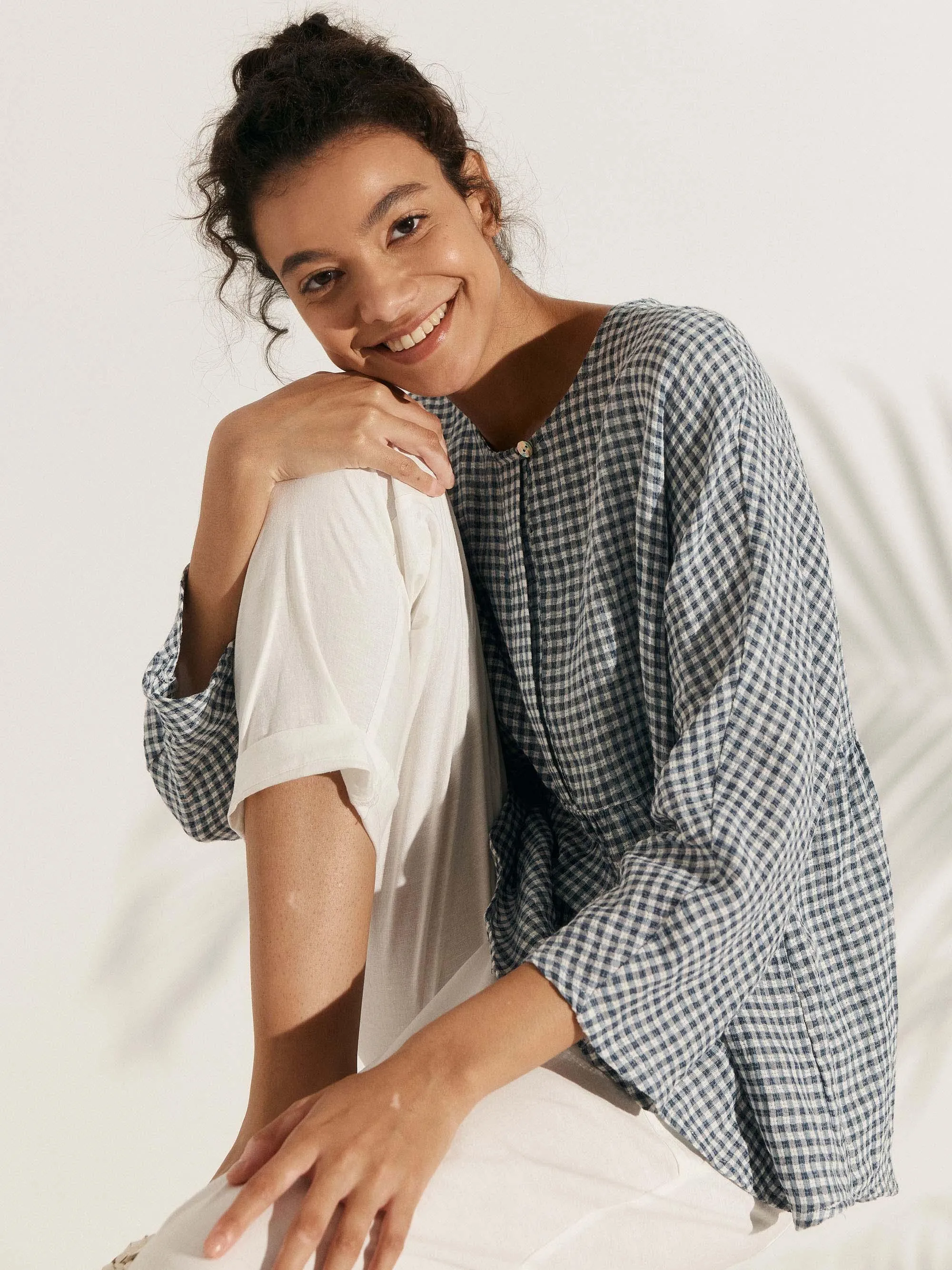 Linen Checked Long-Sleeved Top