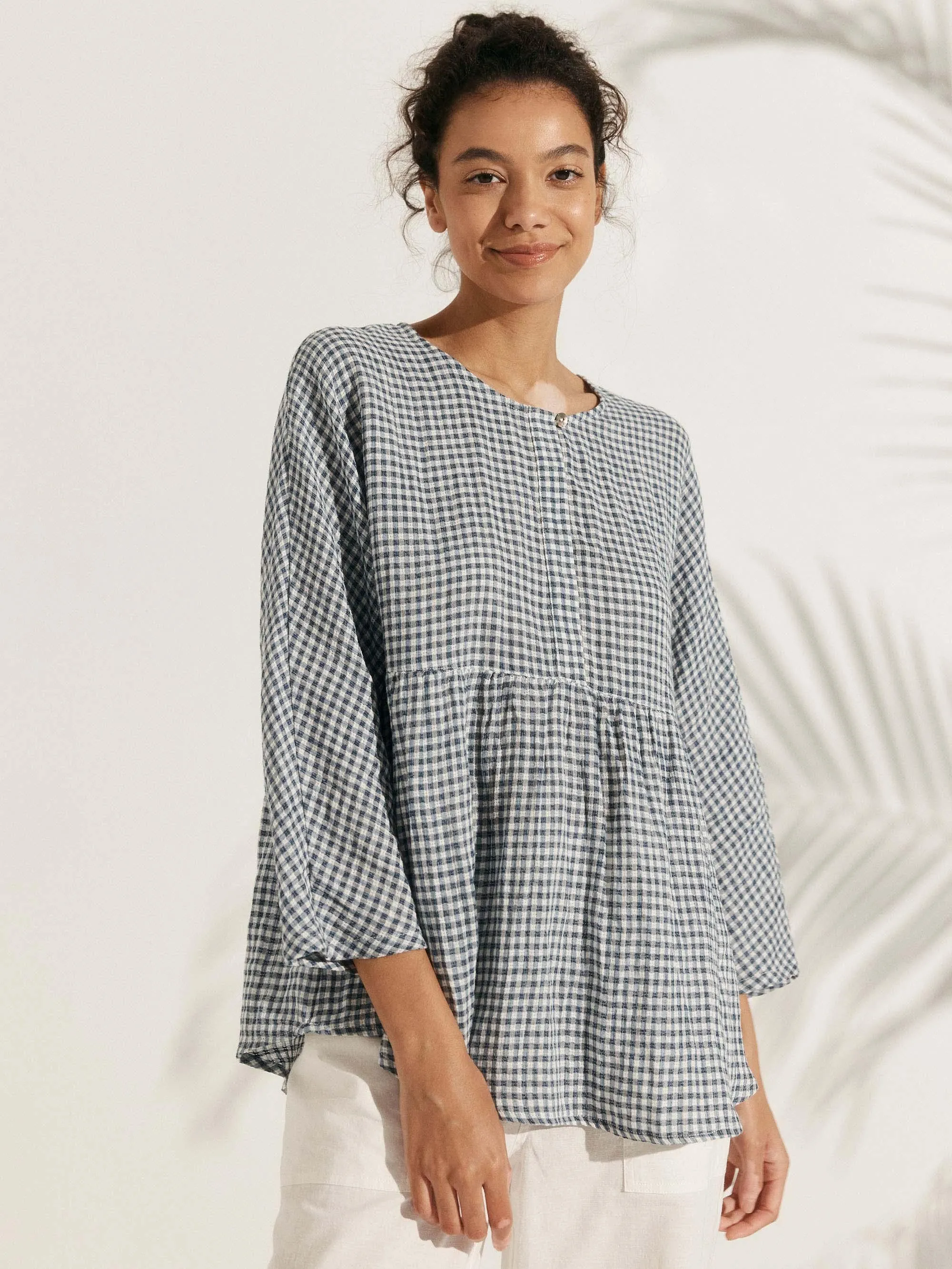 Linen Checked Long-Sleeved Top