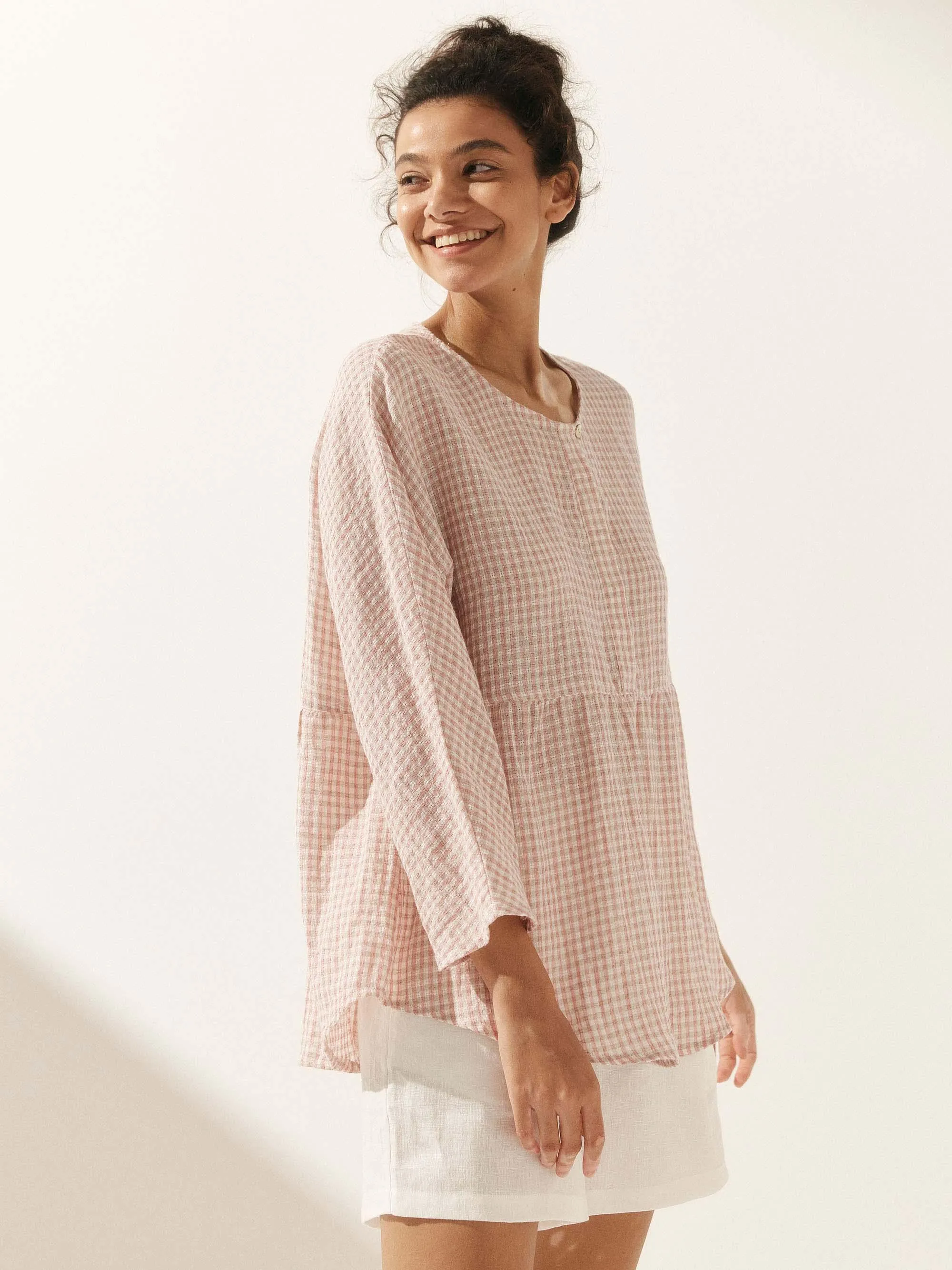 Linen Checked Long-Sleeved Top