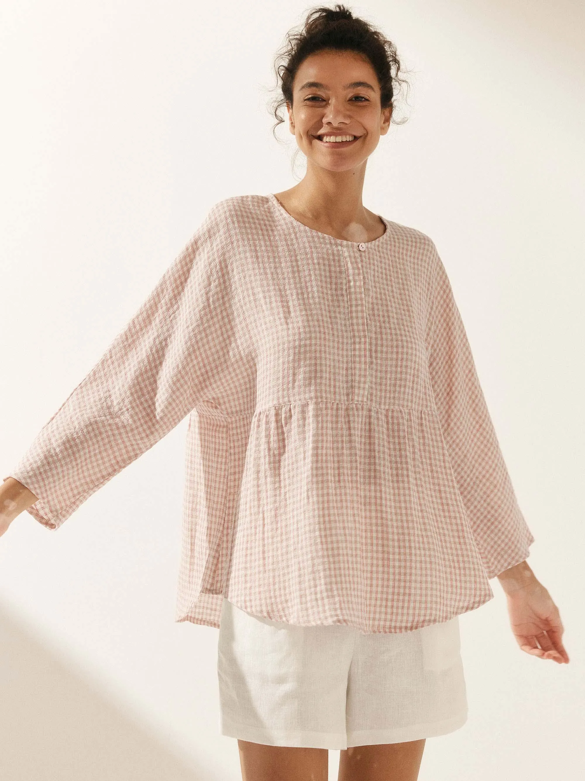 Linen Checked Long-Sleeved Top
