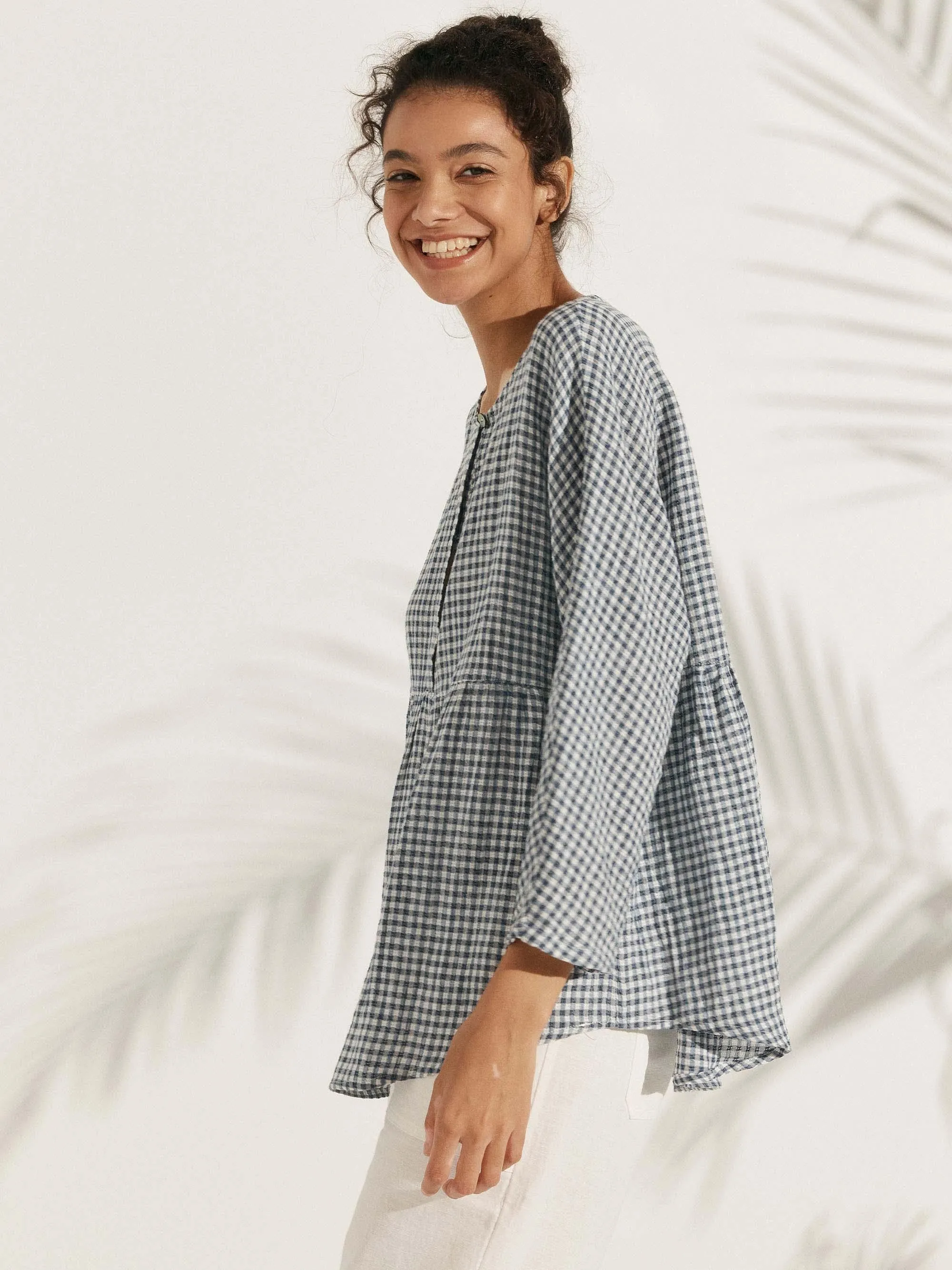 Linen Checked Long-Sleeved Top