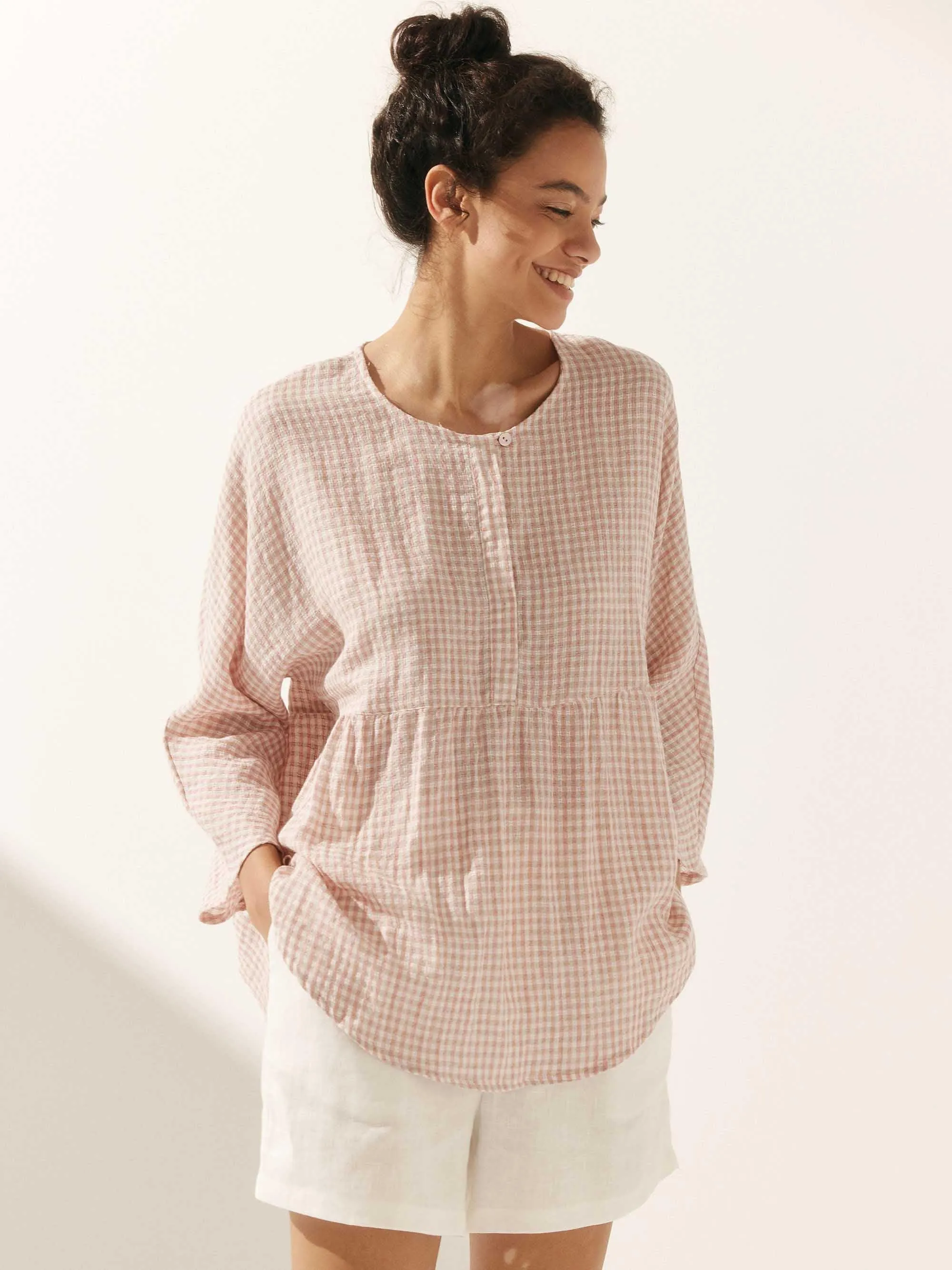Linen Checked Long-Sleeved Top