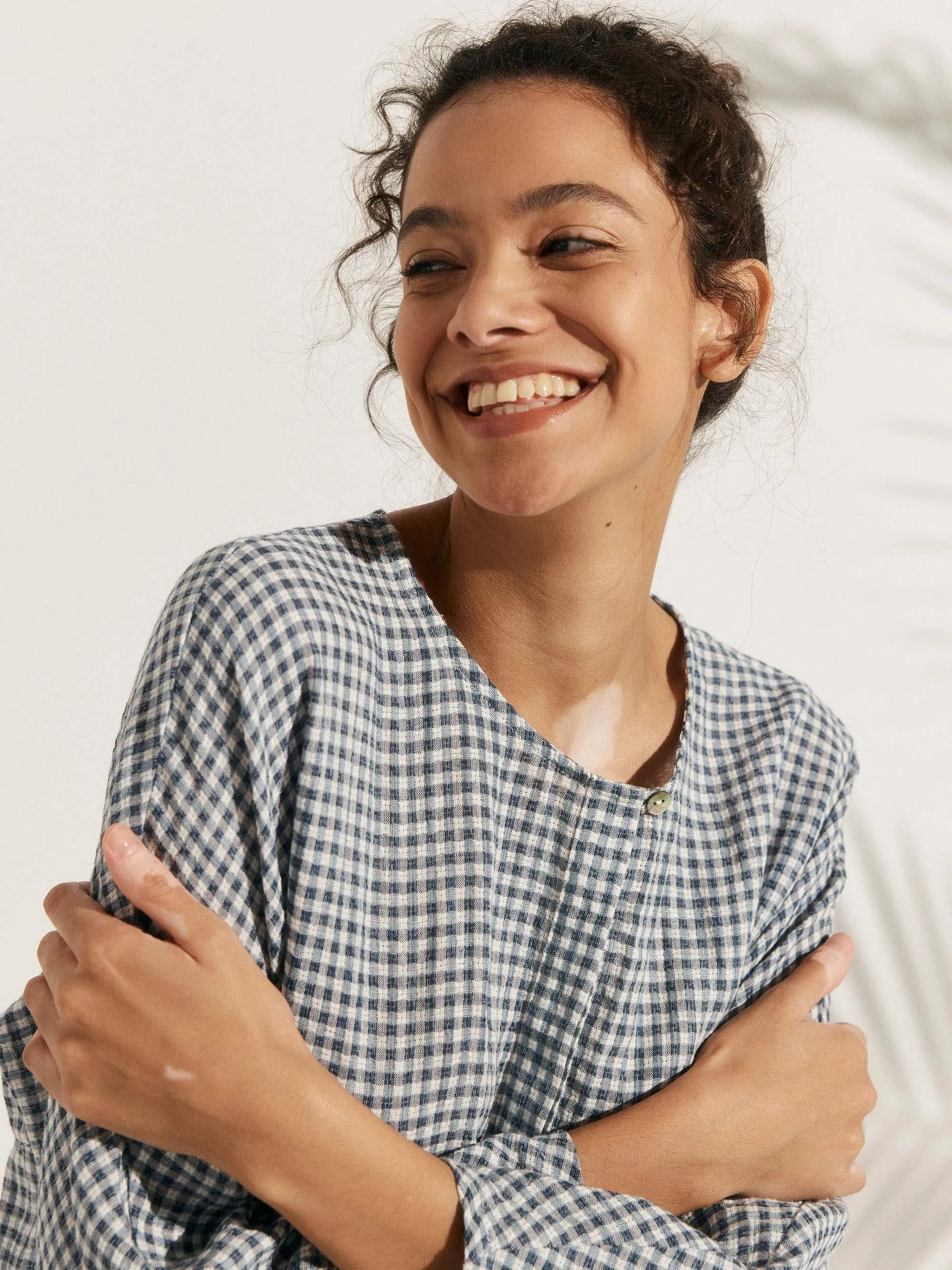 Linen Checked Long-Sleeved Top