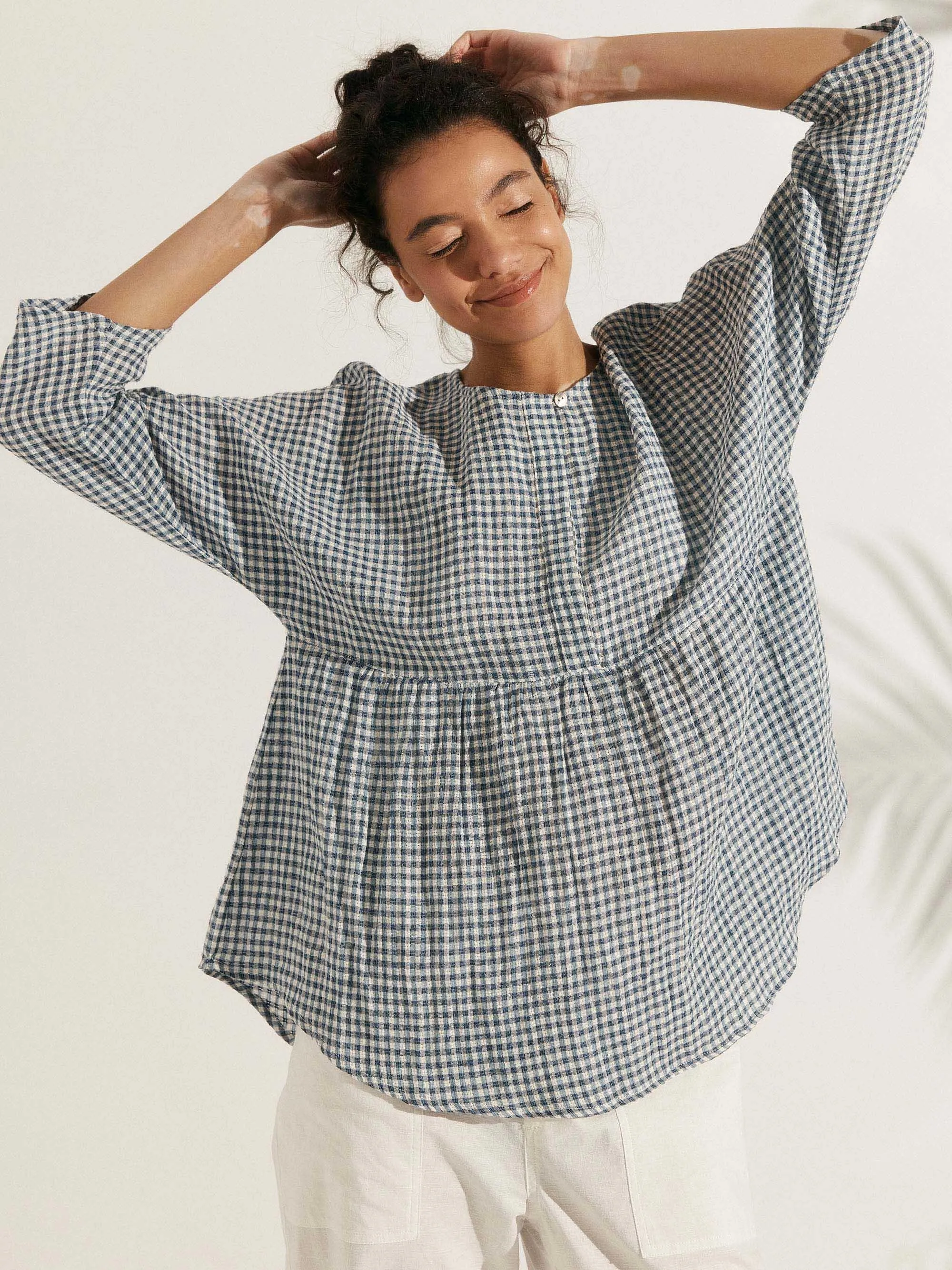 Linen Checked Long-Sleeved Top