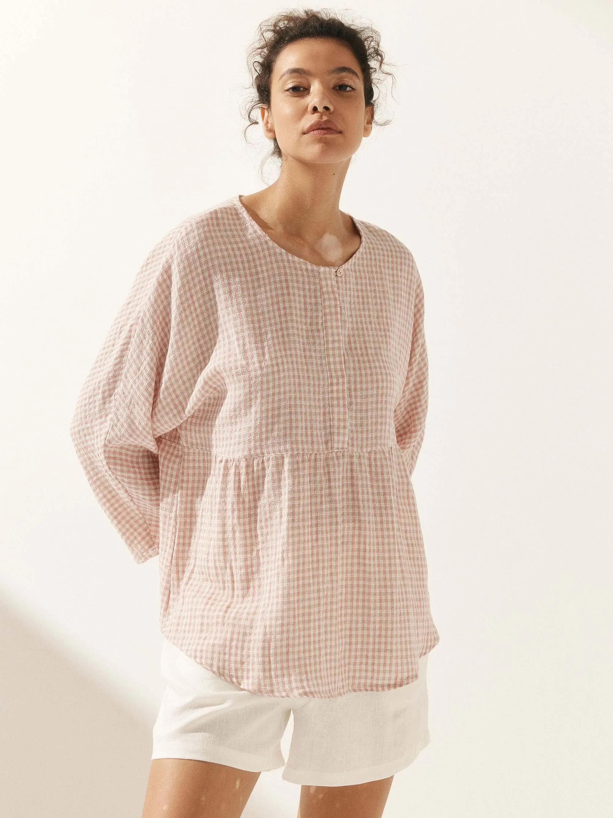 Linen Checked Long-Sleeved Top
