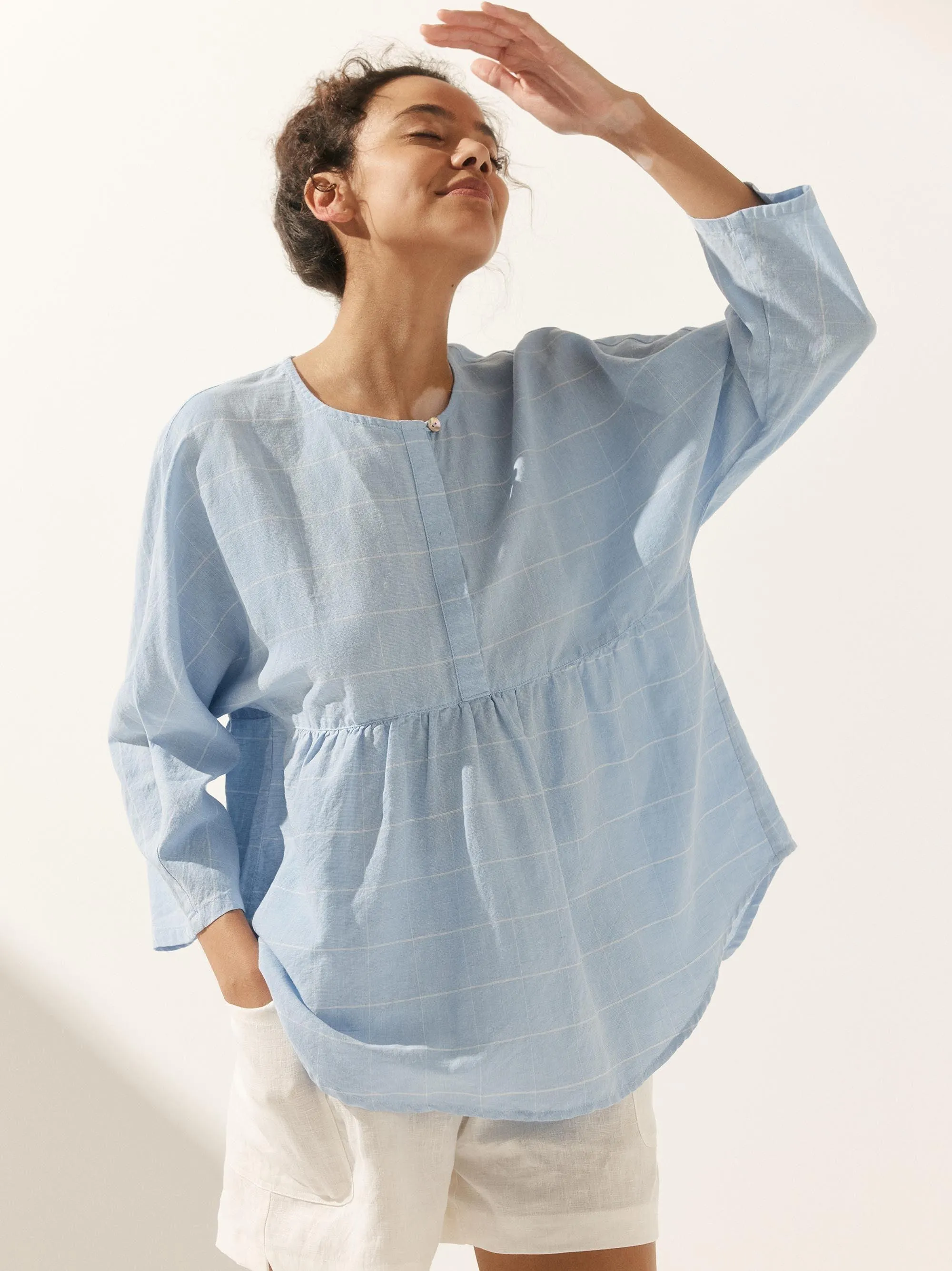 Linen Checked Long-Sleeved Top