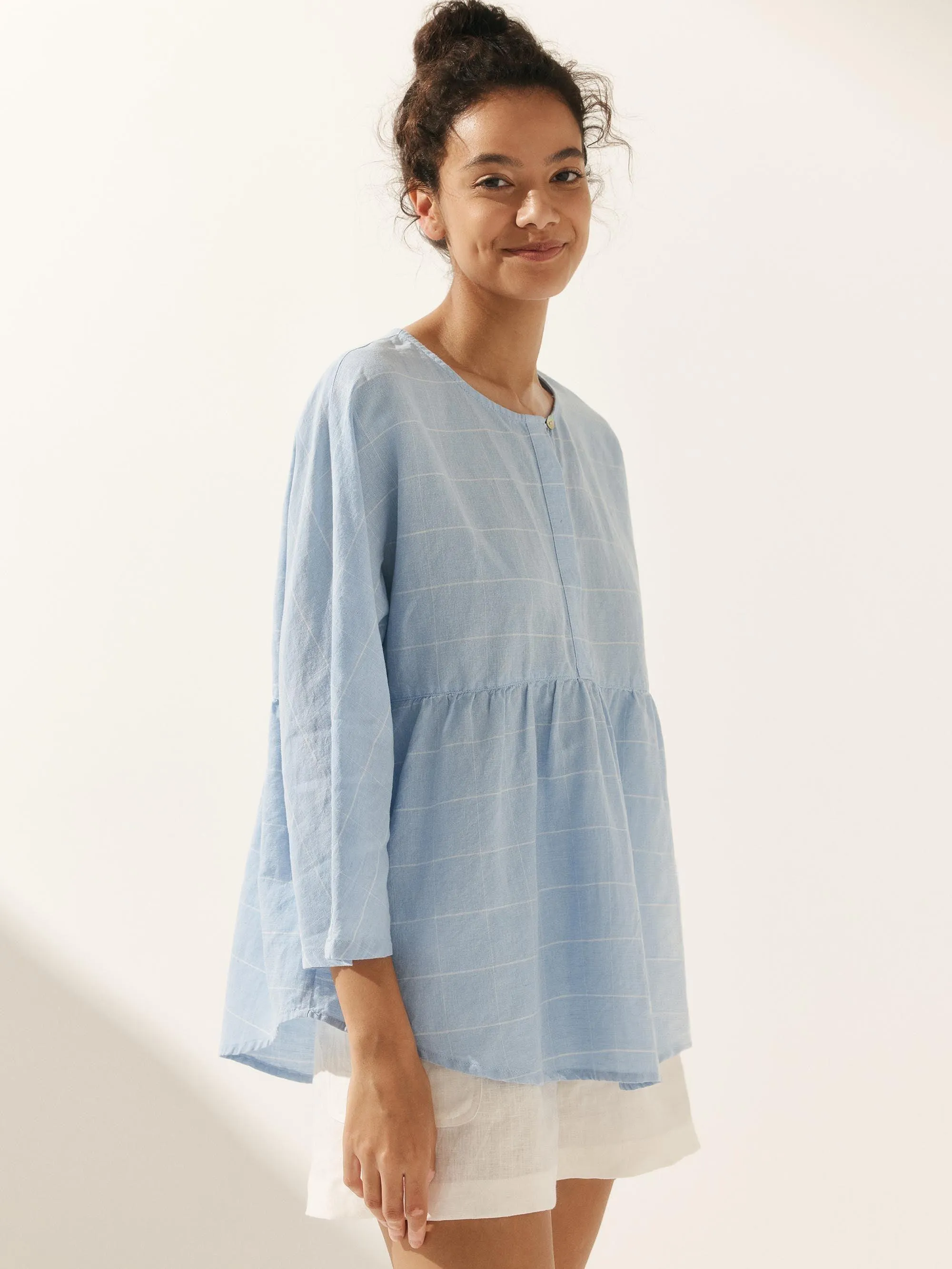Linen Checked Long-Sleeved Top