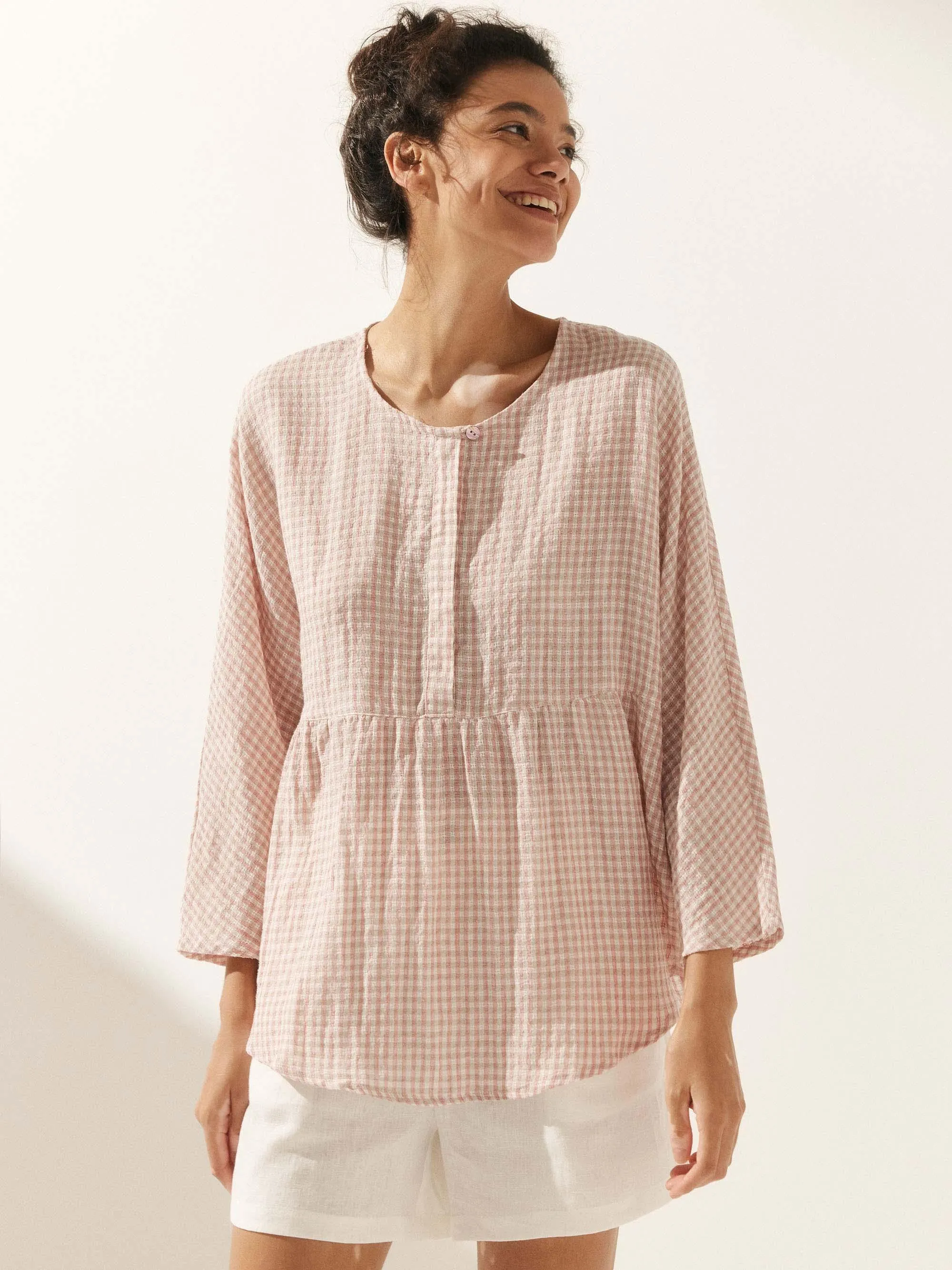 Linen Checked Long-Sleeved Top