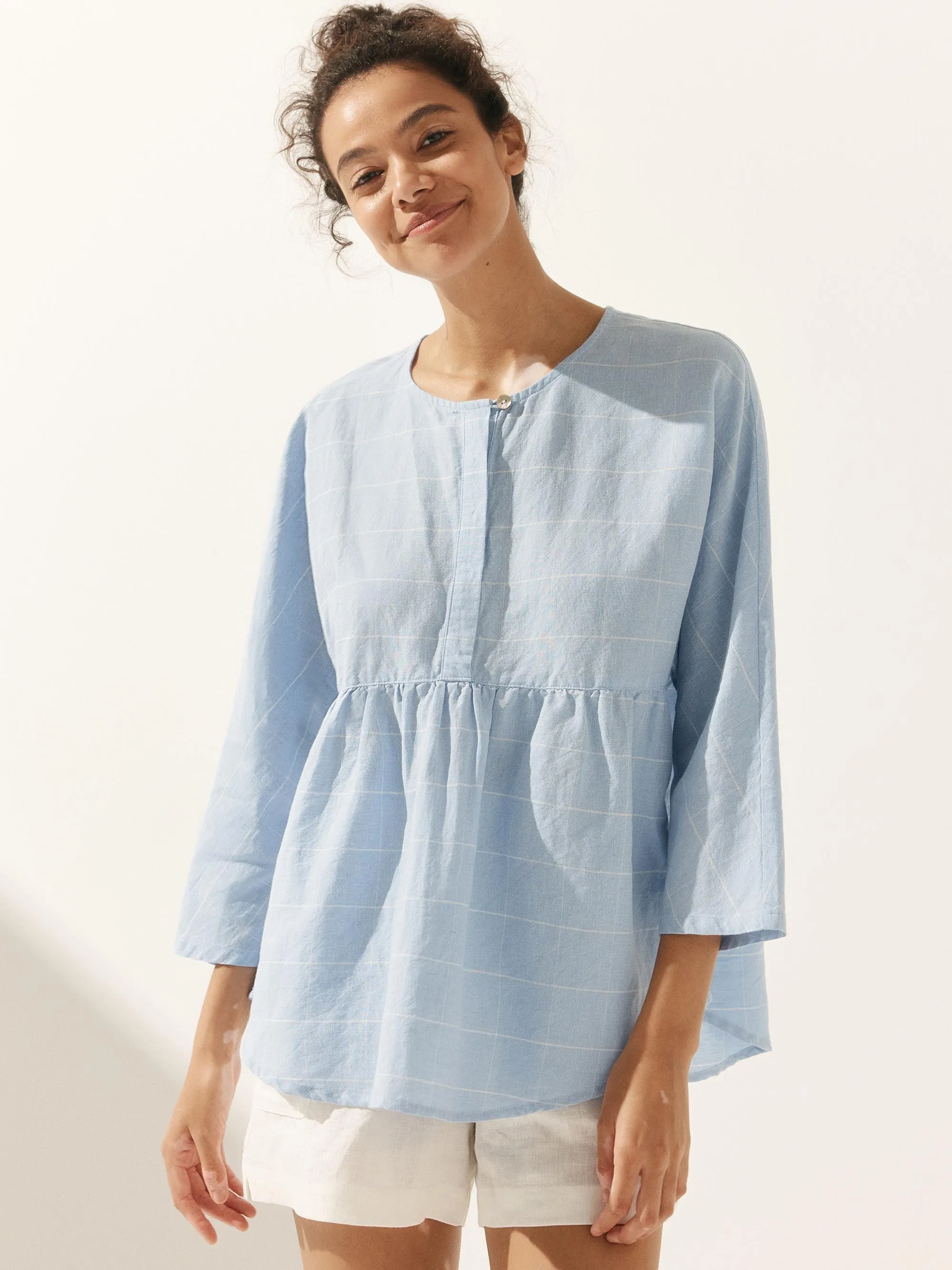 Linen Checked Long-Sleeved Top