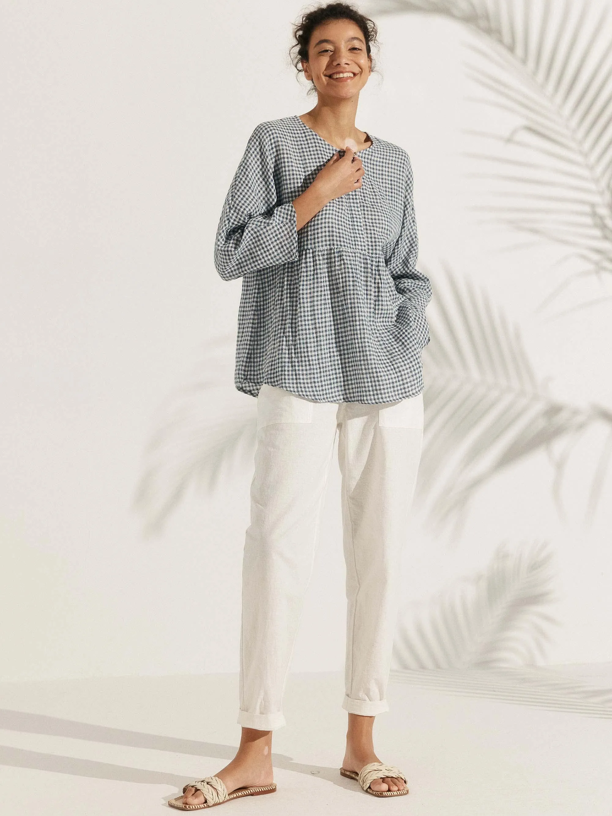 Linen Checked Long-Sleeved Top