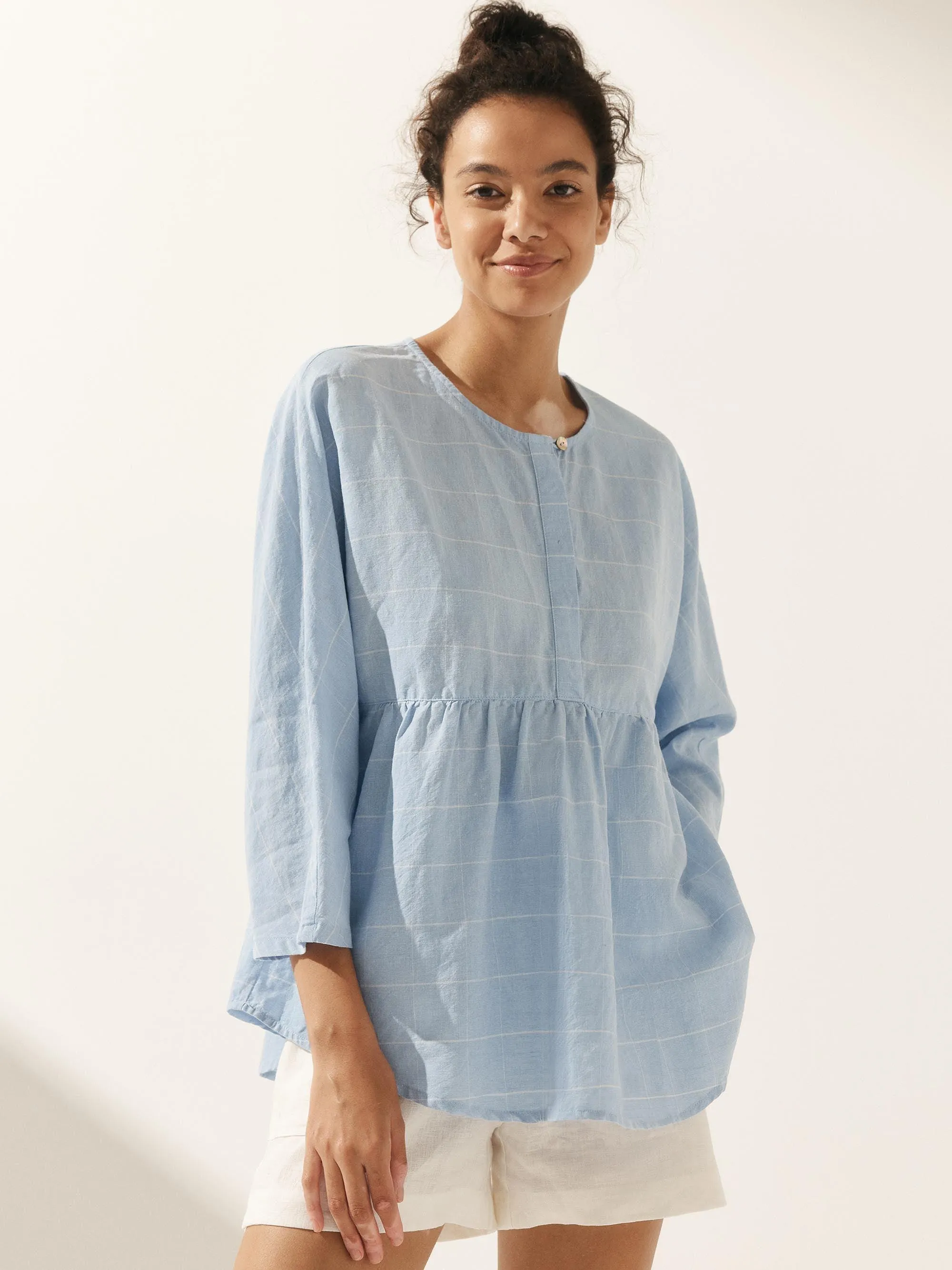 Linen Checked Long-Sleeved Top