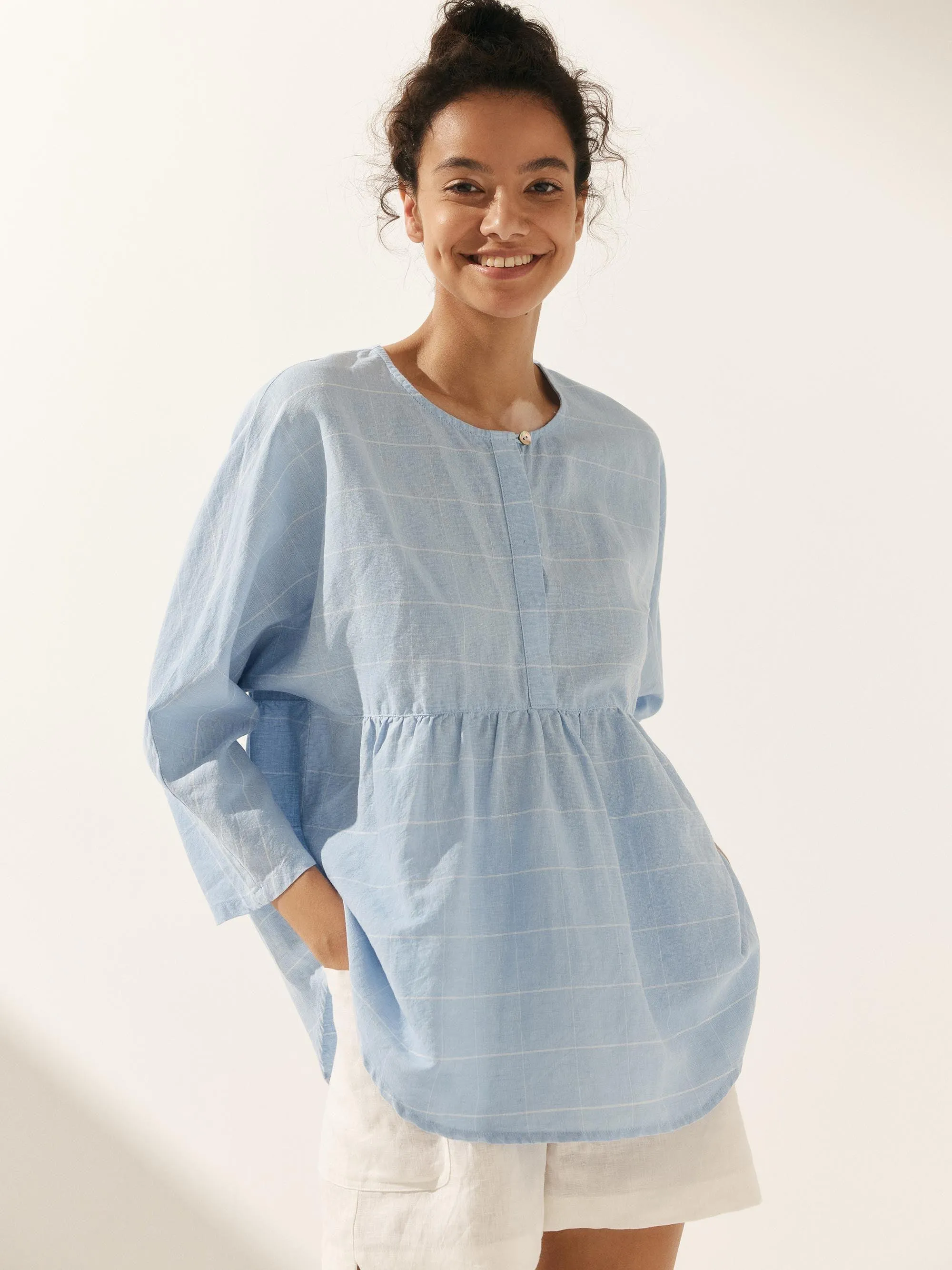 Linen Checked Long-Sleeved Top