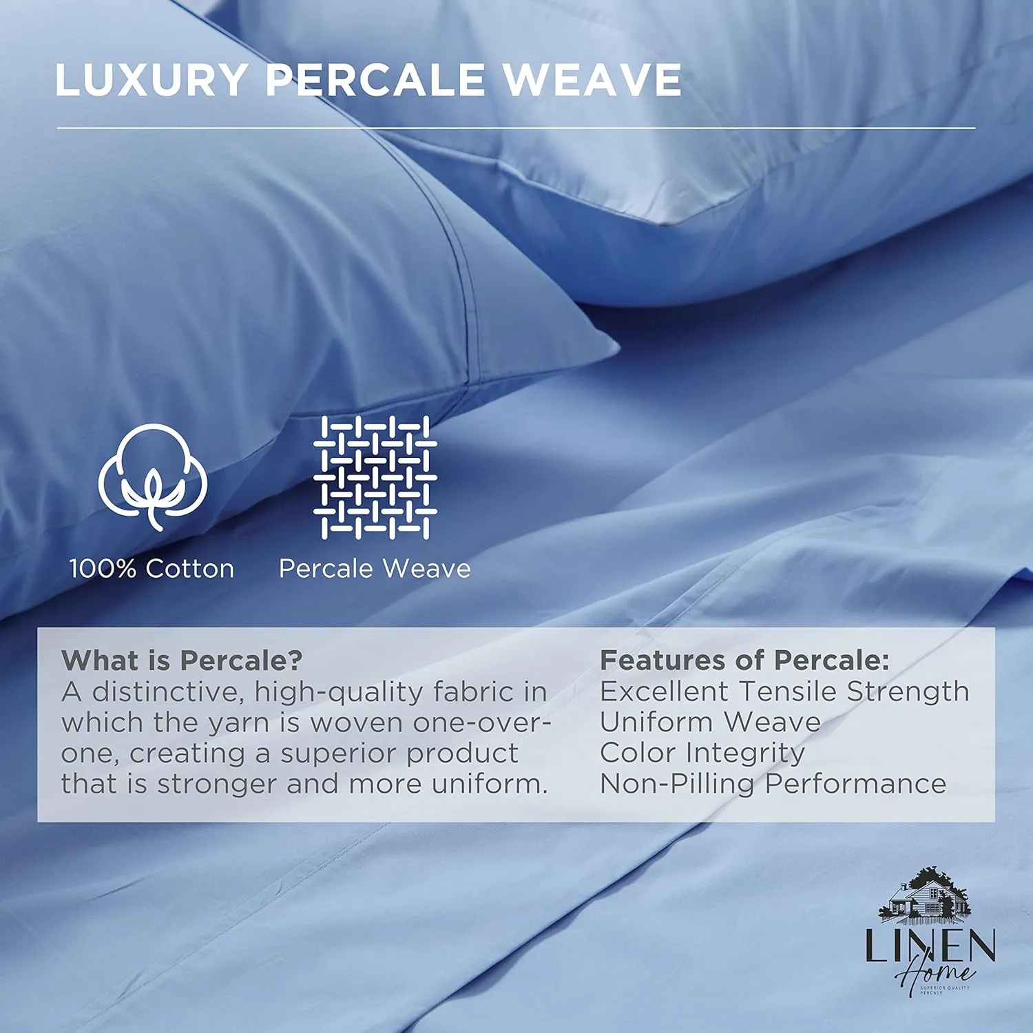 Linen Home 100% Cotton Percale Pillowcases Queen Size, Baby Blue, 2 Pieces of Pillow Case, Crisp and Cool Strong Bed Linen, 20 inches X 30 inches