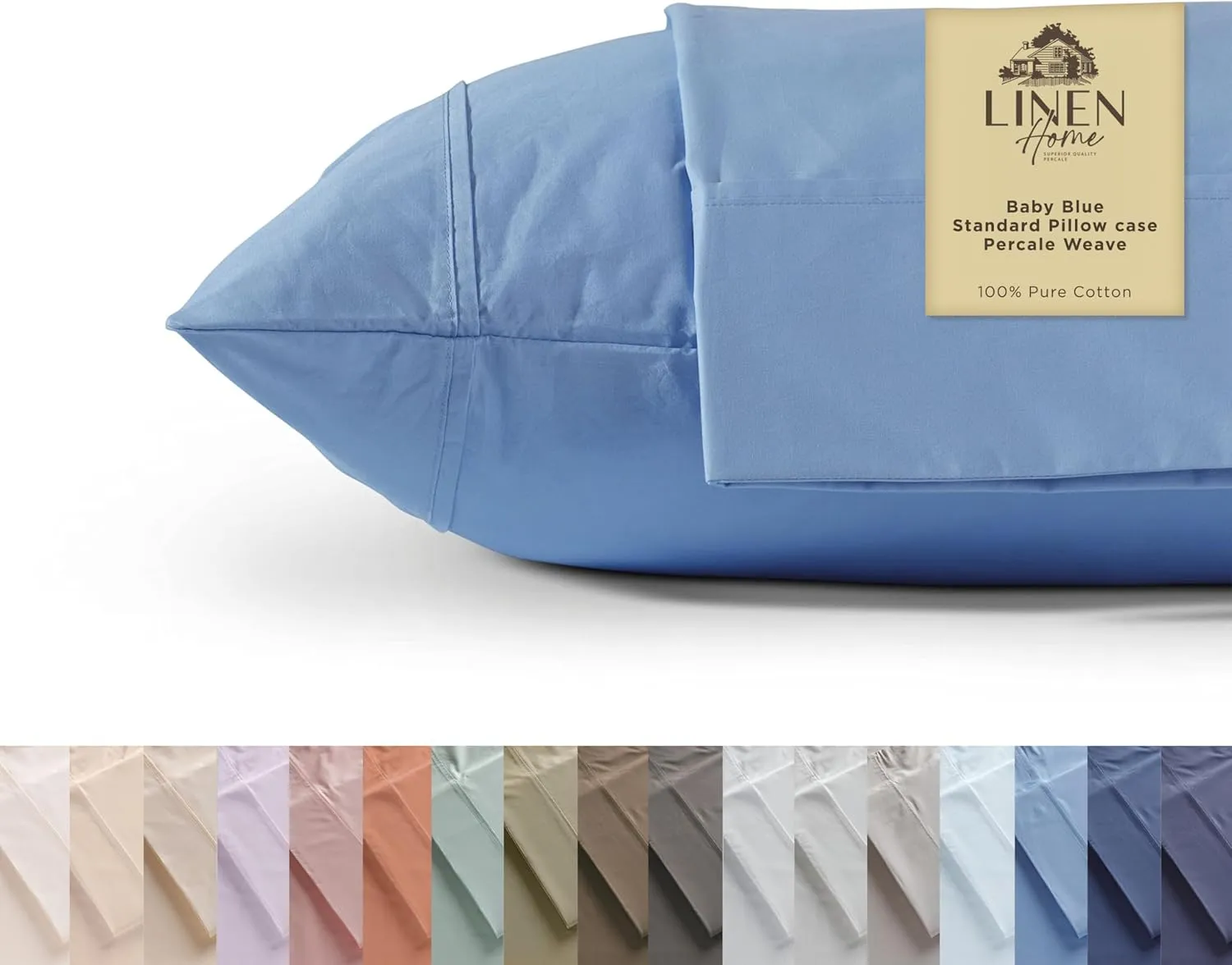 Linen Home 100% Cotton Percale Pillowcases Queen Size, Baby Blue, 2 Pieces of Pillow Case, Crisp and Cool Strong Bed Linen, 20 inches X 30 inches