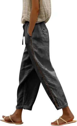 Linen Pants for Women Summer Linen Pant Loose Straight Leg Capri Pants Beach Pants with Tailored Linen Pants for Women