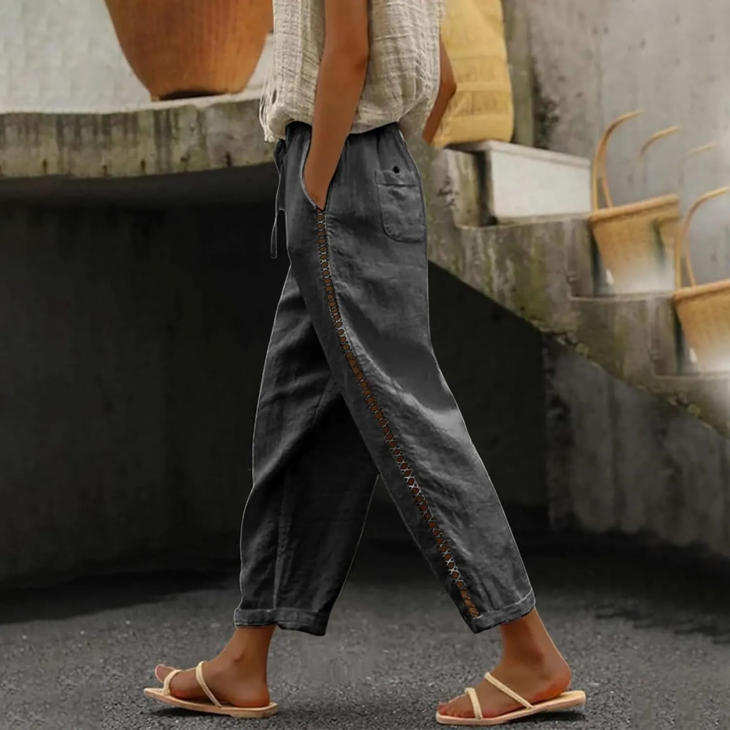 Linen Pants for Women Summer Linen Pant Loose Straight Leg Capri Pants Beach Pants with Tailored Linen Pants for Women